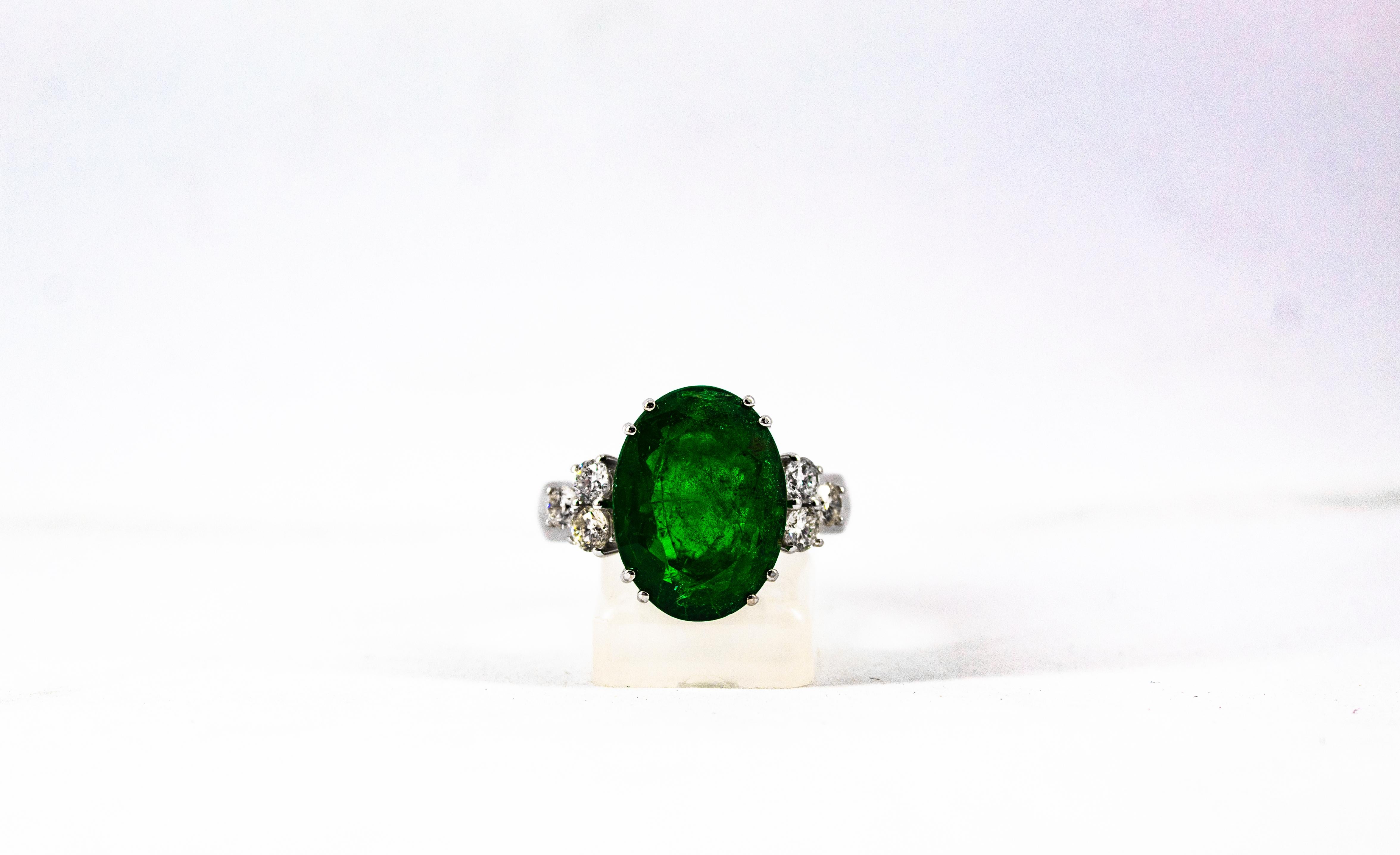 Art Deco 6.42 Carat Emerald 0.60 Carat White Diamond White Gold Cocktail Ring For Sale 4
