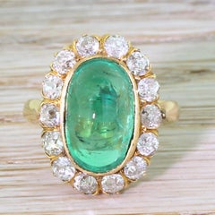 Art Deco 6.43 Colombian Cabochon Emerald and Diamond Coronet Cluster Ring