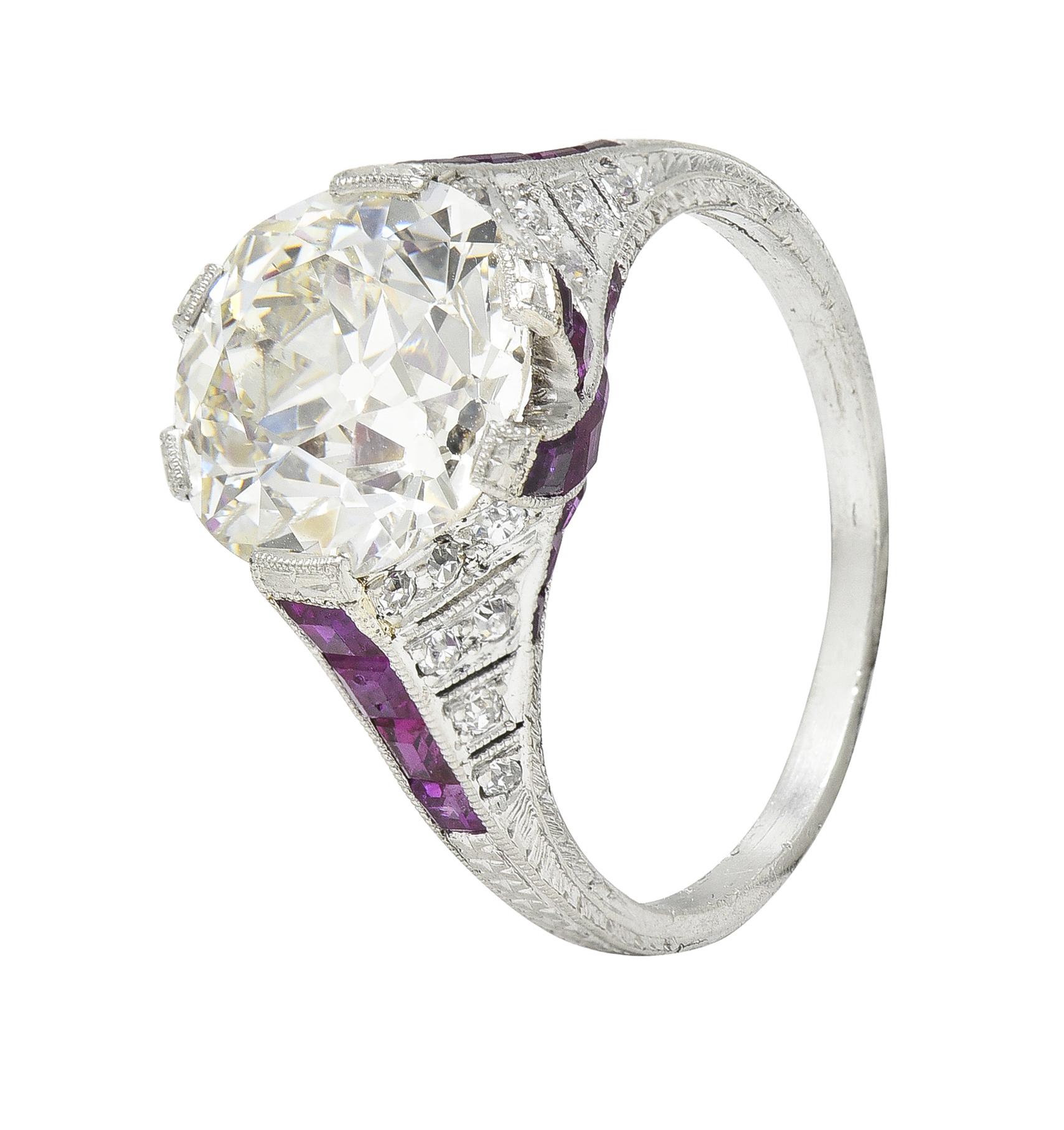 Art Deco 6.43 CTW Old European Diamond Ruby Platinum X Engagement Ring GIA For Sale 5