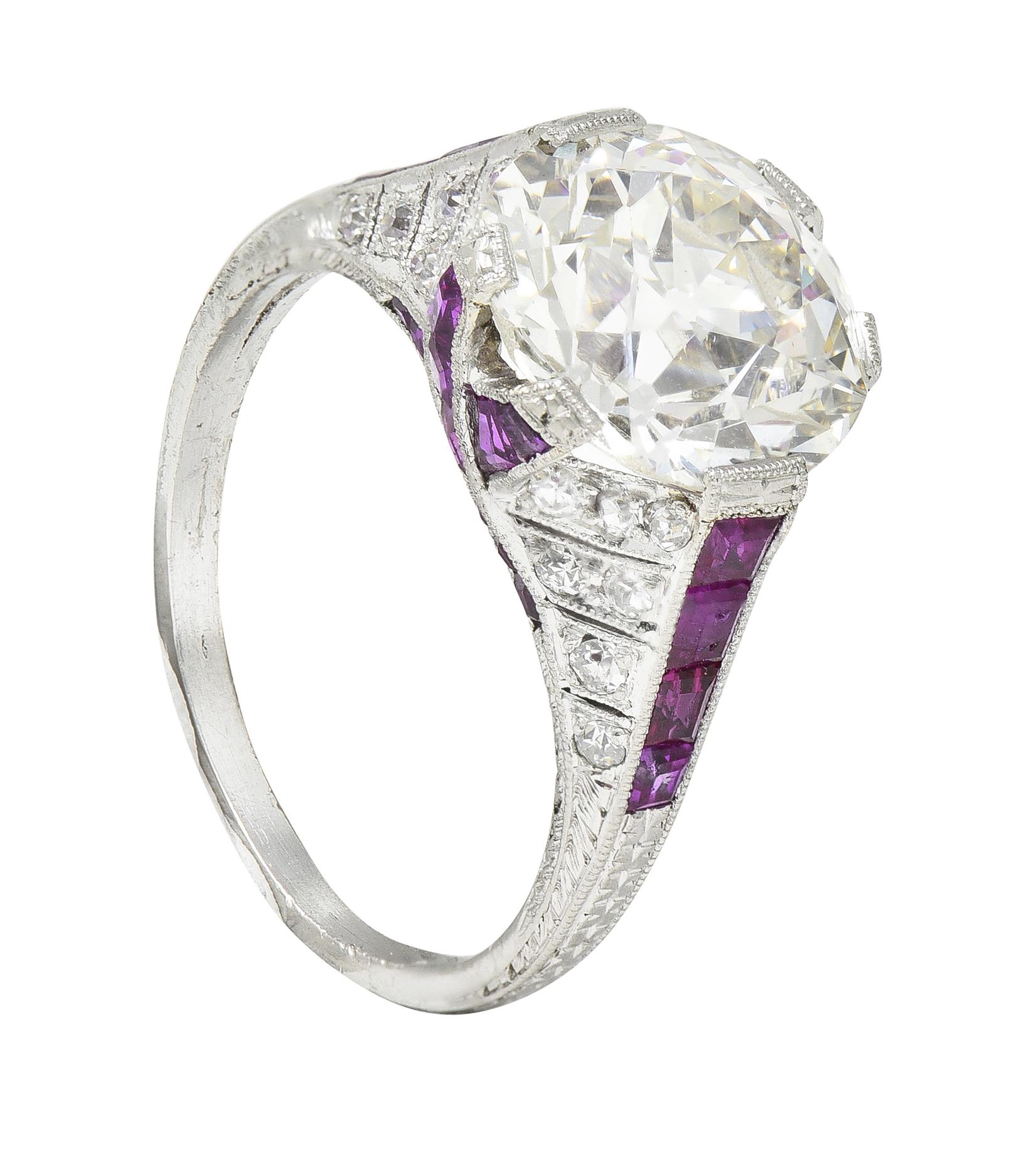 Art Deco 6.43 CTW Old European Diamond Ruby Platinum X Engagement Ring GIA For Sale 6