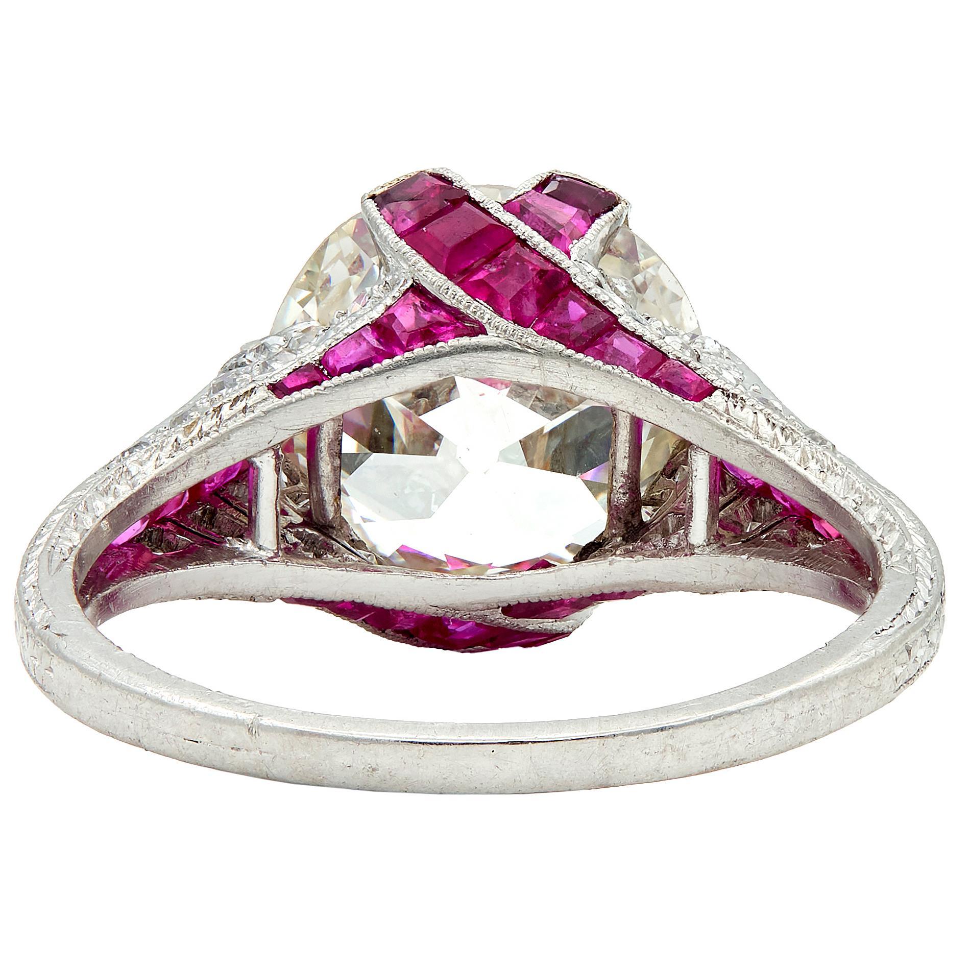 Anello di fidanzamento Art Deco 6,43 CTW Old European Diamond Ruby Platinum X GIA In condizioni ottime in vendita a Philadelphia, PA