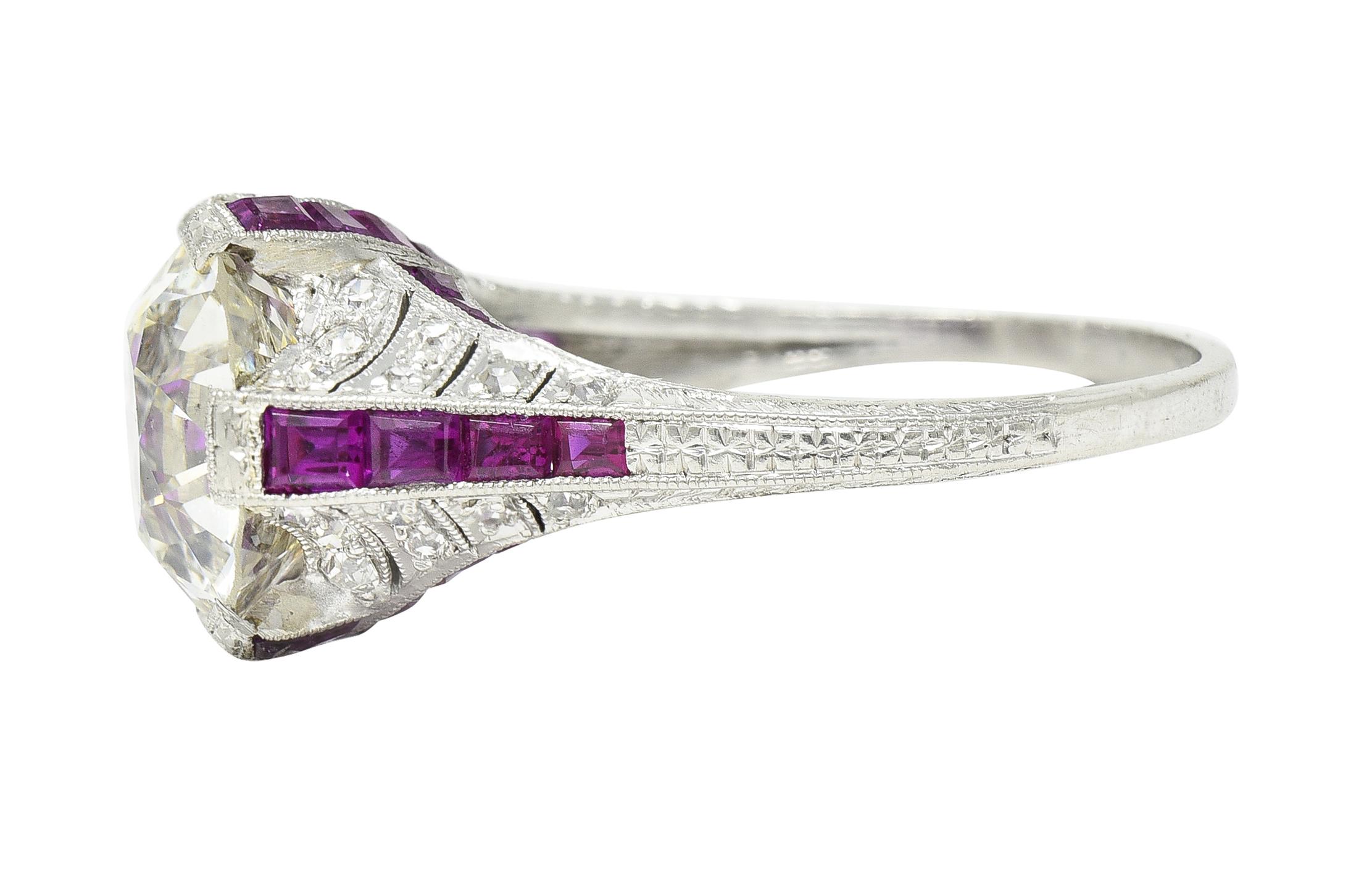 Art Deco 6.43 CTW Old European Diamond Ruby Platinum X Engagement Ring GIA For Sale 1