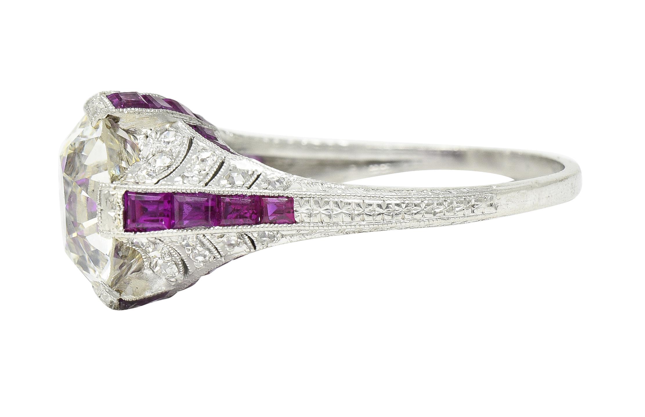 Art Deco 6.43 CTW Old European Diamond Ruby Platinum X Engagement Ring GIA For Sale 1