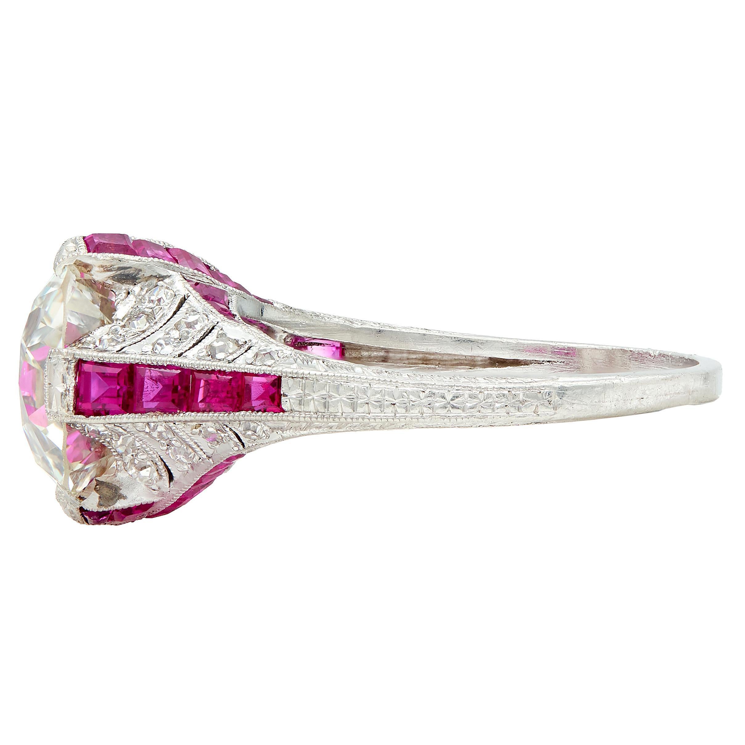 Donna Anello di fidanzamento Art Deco 6,43 CTW Old European Diamond Ruby Platinum X GIA in vendita