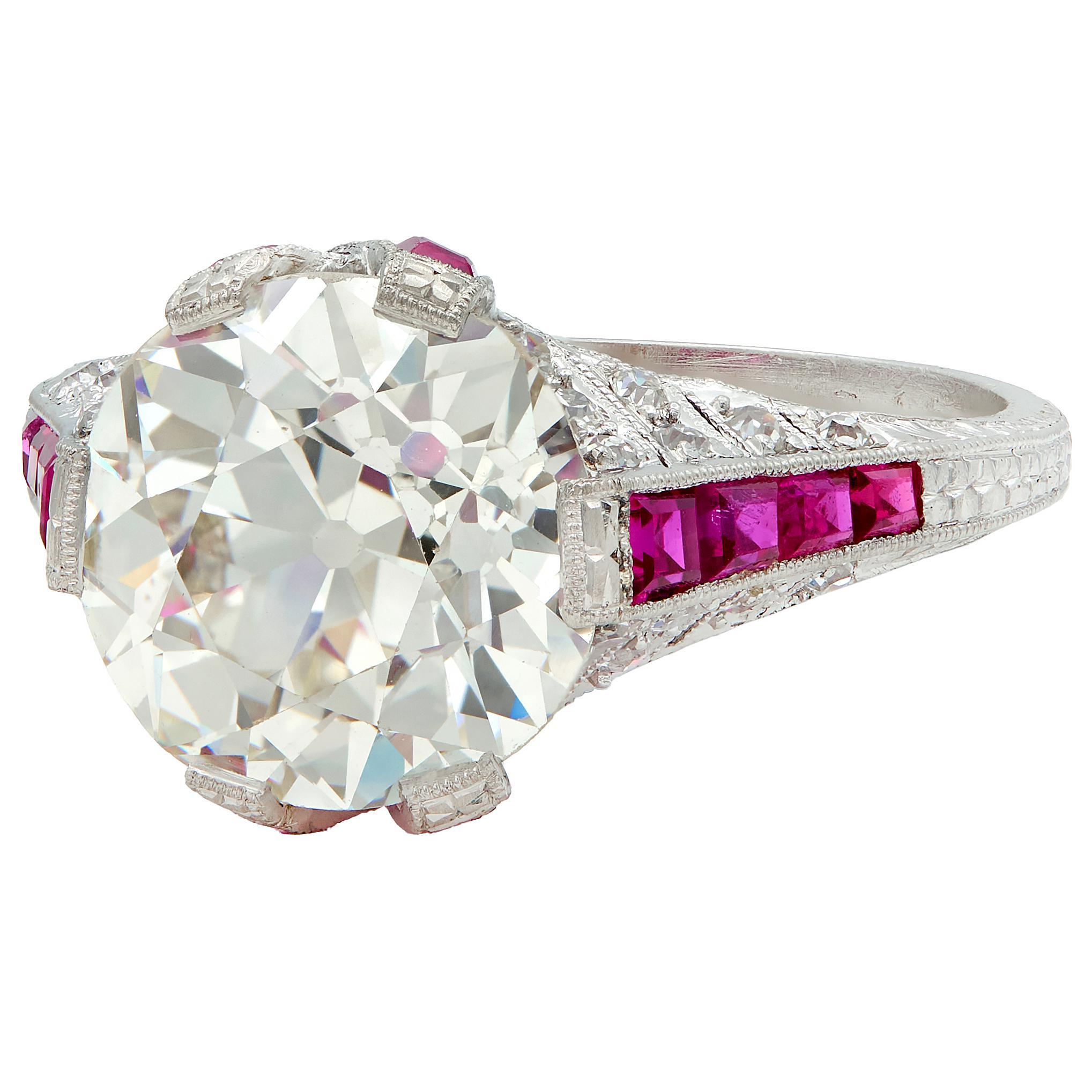 Anello di fidanzamento Art Deco 6,43 CTW Old European Diamond Ruby Platinum X GIA in vendita 1
