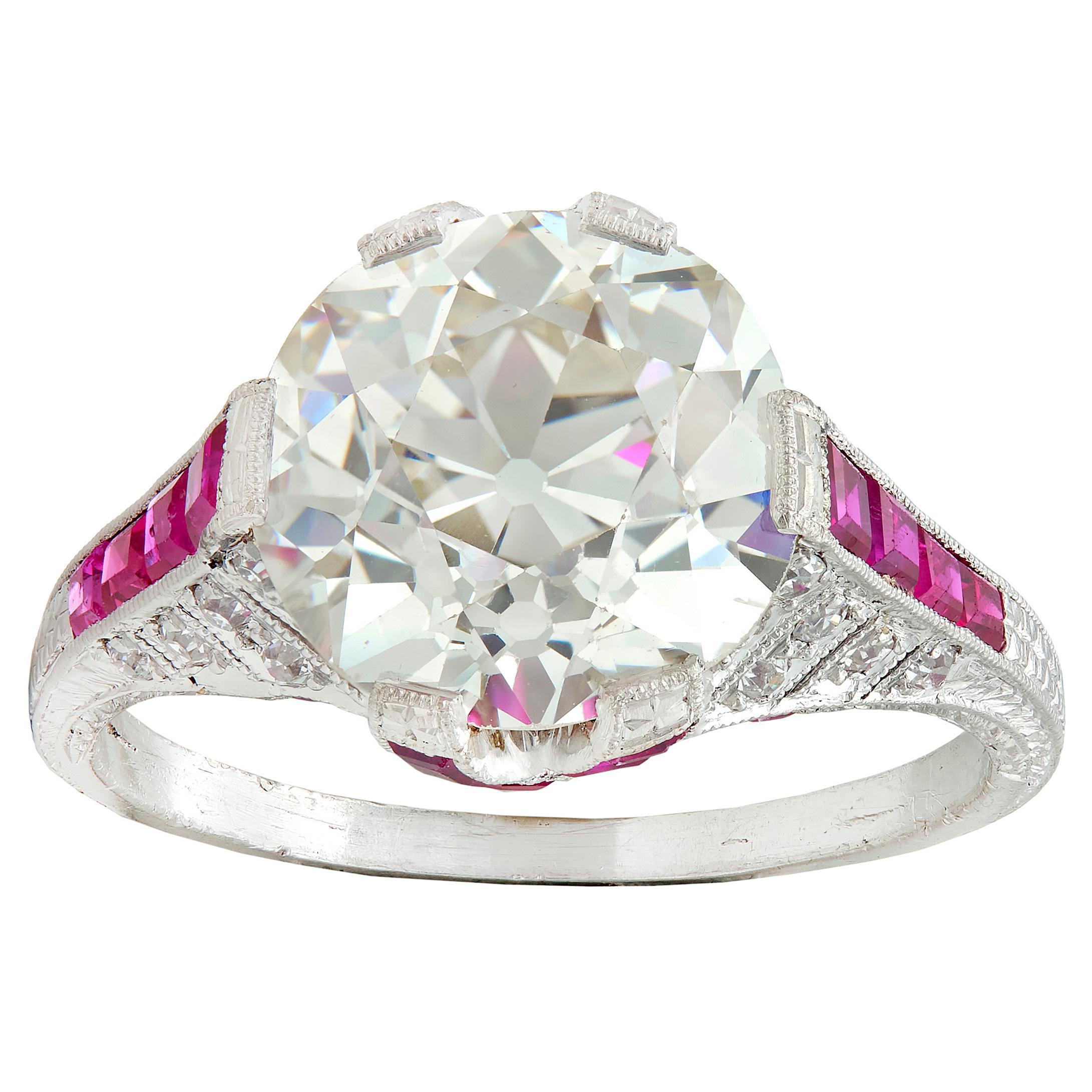 Anello di fidanzamento Art Deco 6,43 CTW Old European Diamond Ruby Platinum X GIA in vendita 2
