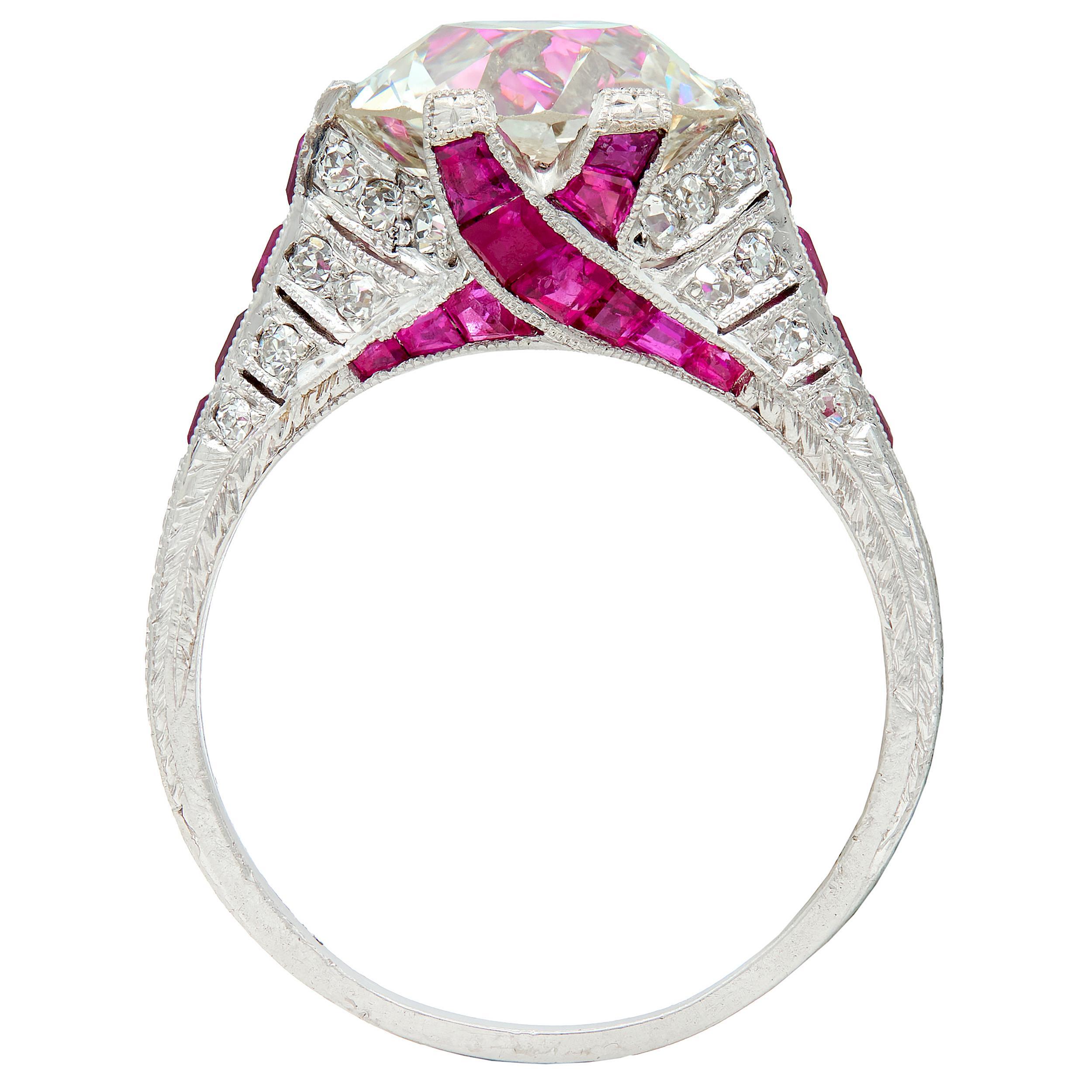 Anello di fidanzamento Art Deco 6,43 CTW Old European Diamond Ruby Platinum X GIA in vendita 3