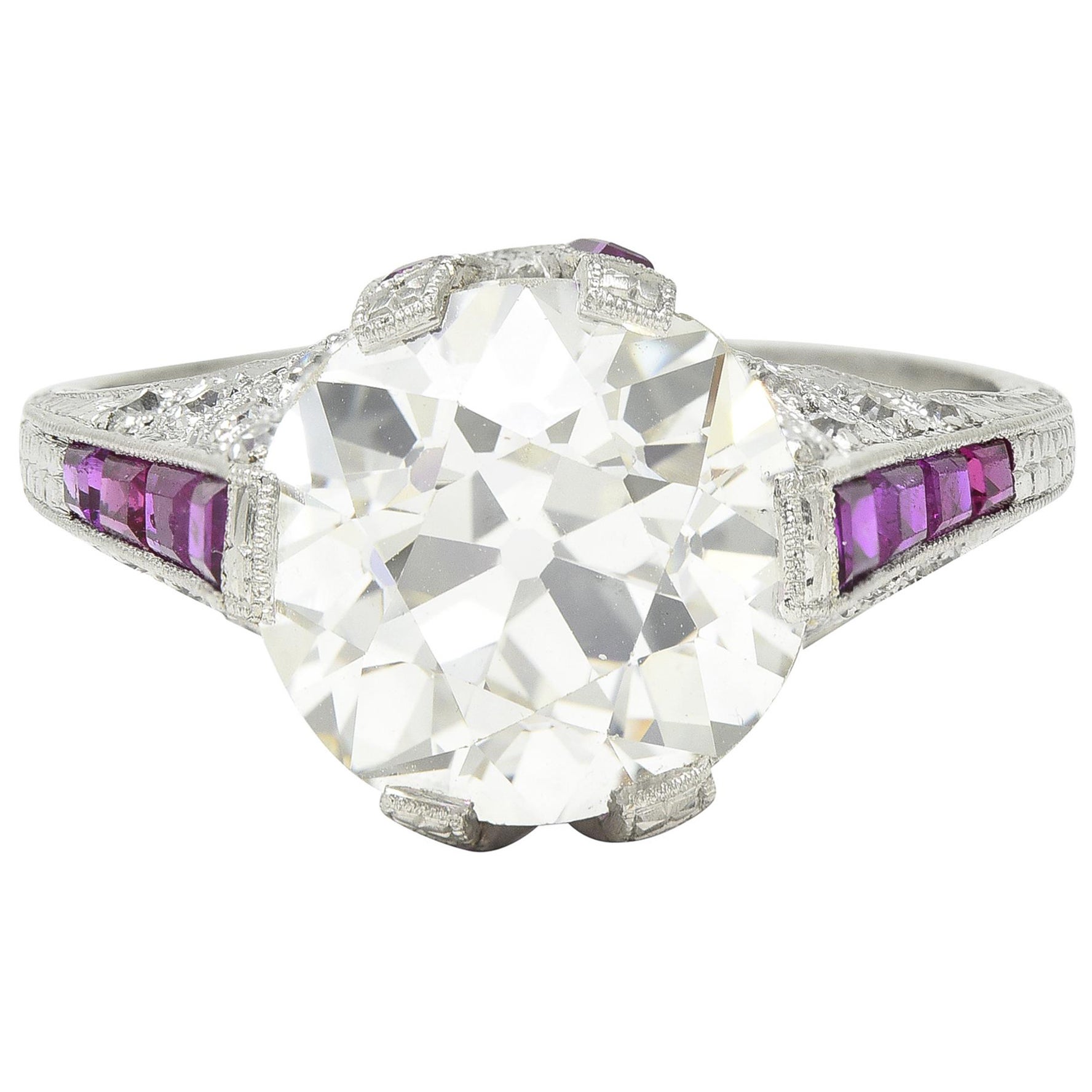Bague de fiançailles Art déco en platine avec diamant européen ancien de 6,43 carats et rubis certifié GIA