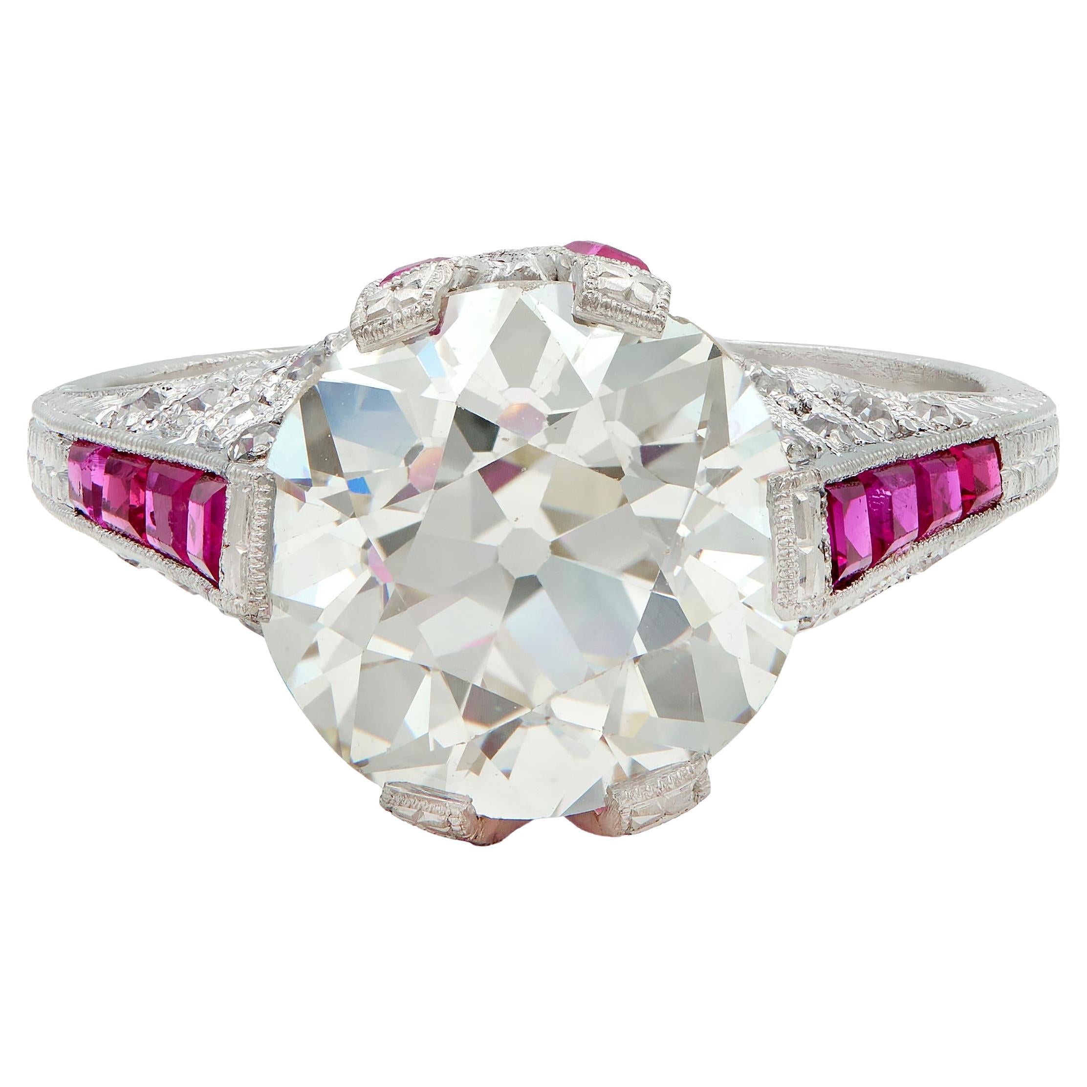 Bague de fiançailles Art Déco 6.43 CTW Old European Diamond Ruby Platinum X GIA