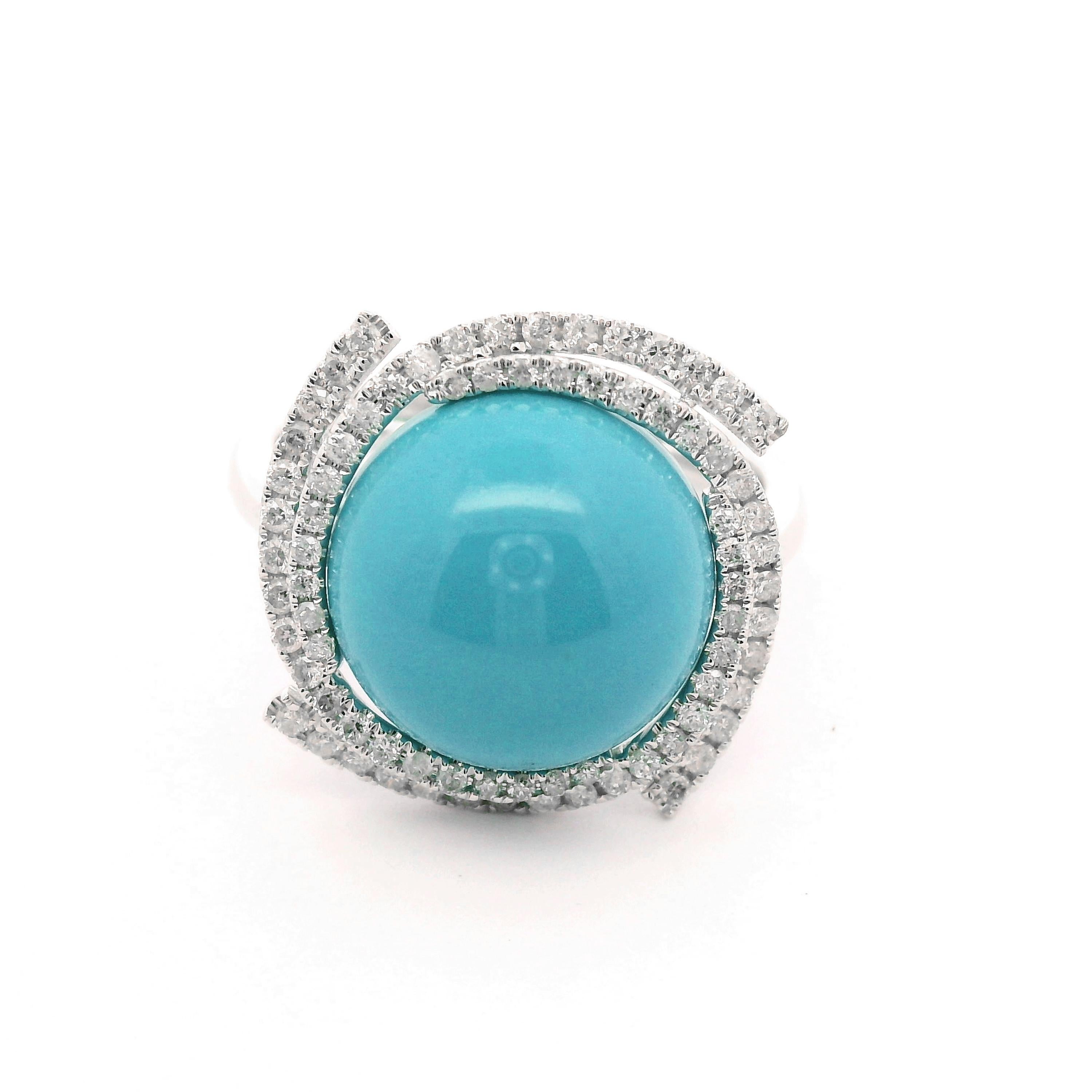 Cabochon Art Deco 6.46Ct Sleeping Beauty Turquoise Diamond Ring in 14K White Gold For Sale