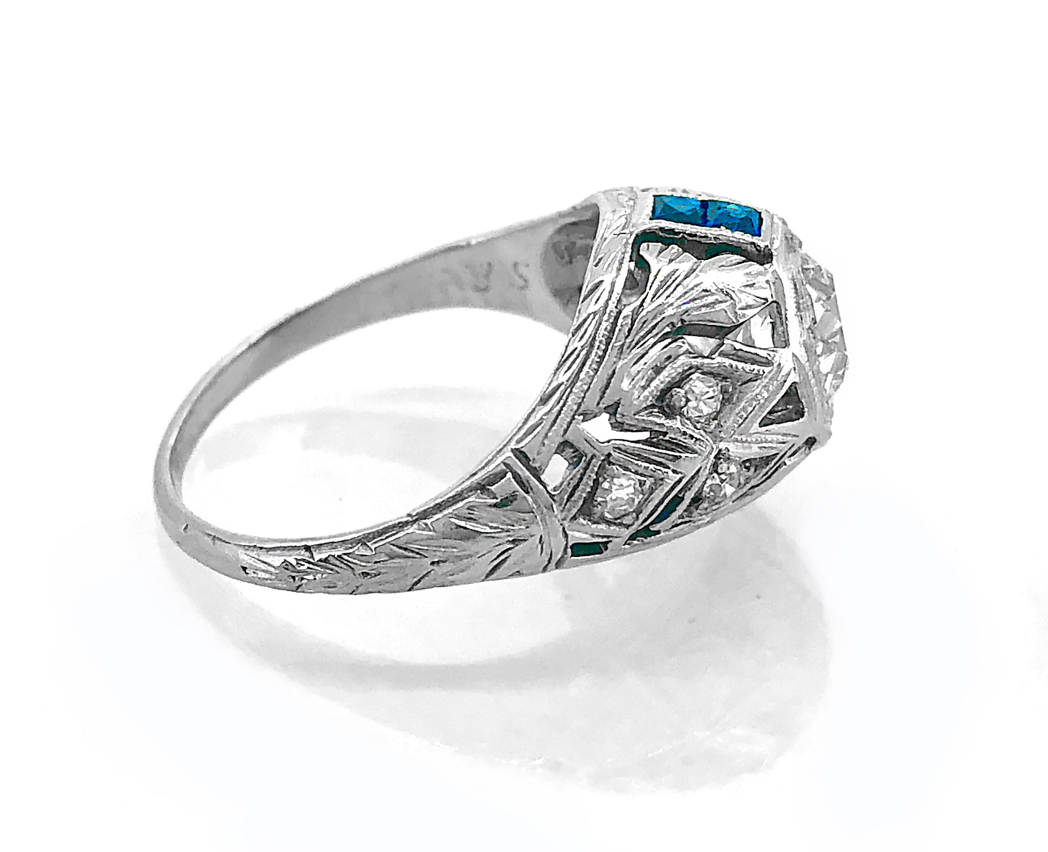 Old European Cut Art Deco .65 Carat Diamond Sapphire Gold Engagement Ring  For Sale