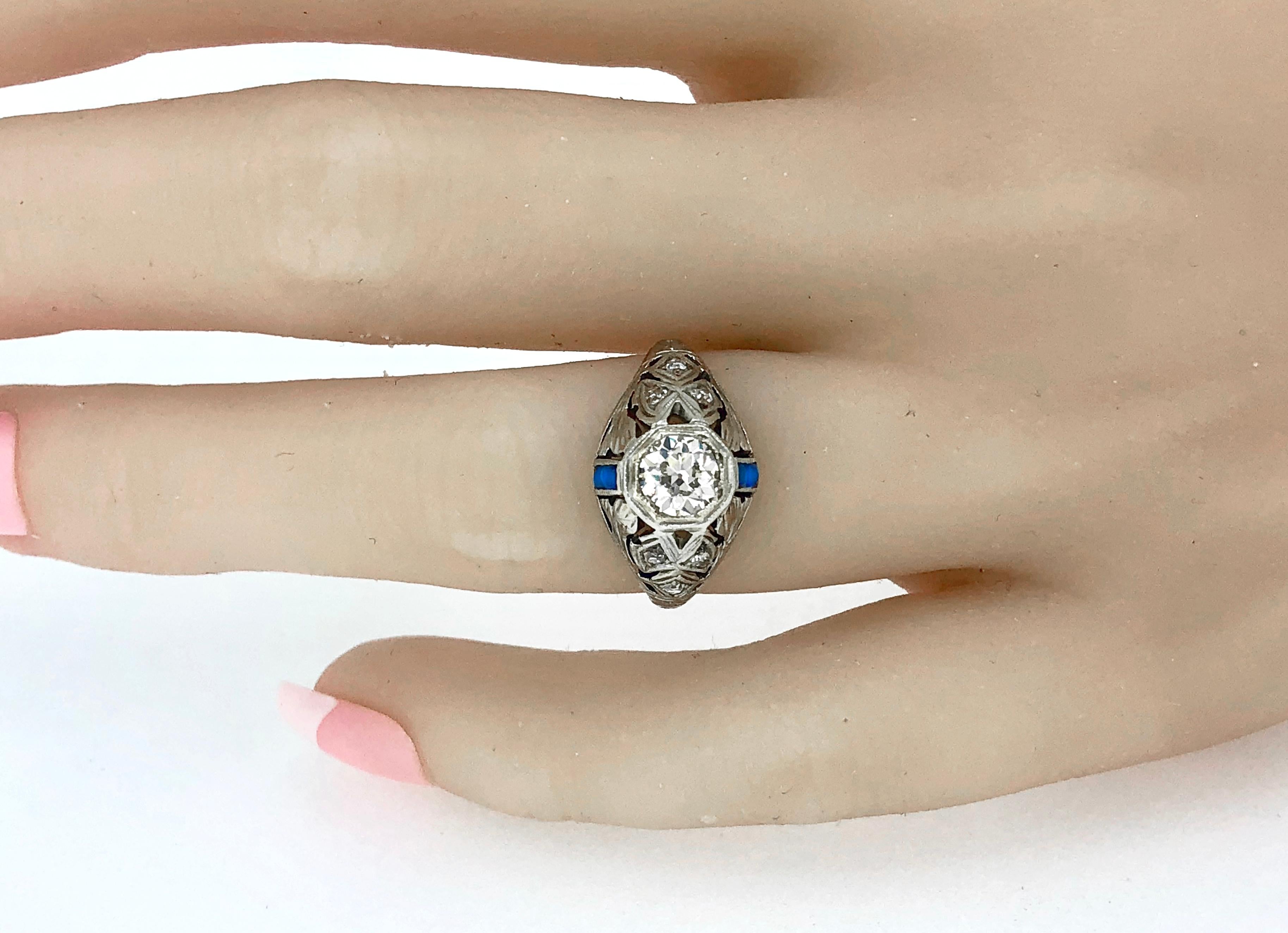 Women's Art Deco .65 Carat Diamond Sapphire Gold Engagement Ring  For Sale