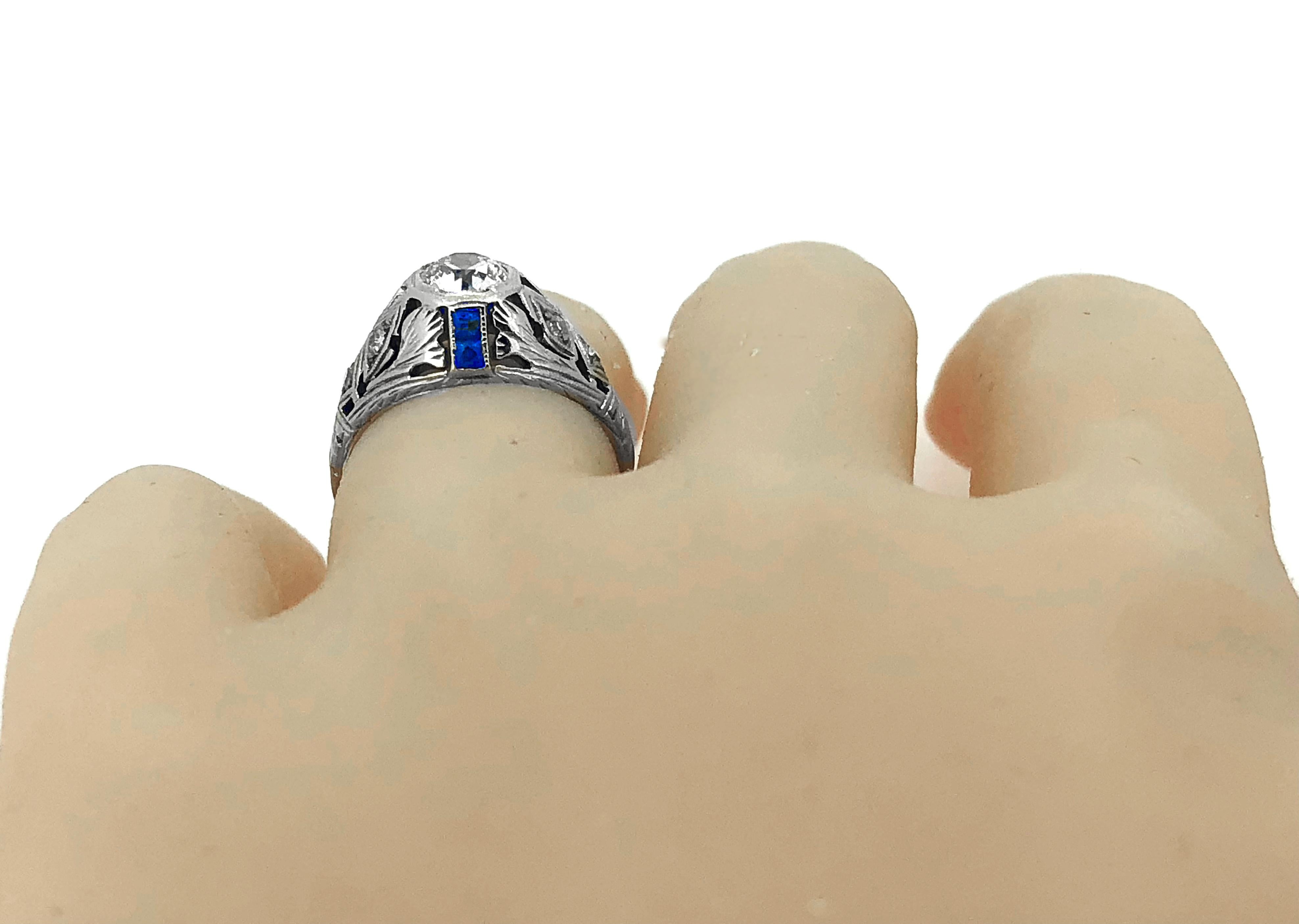 Art Deco .65 Carat Diamond Sapphire Gold Engagement Ring  For Sale 1