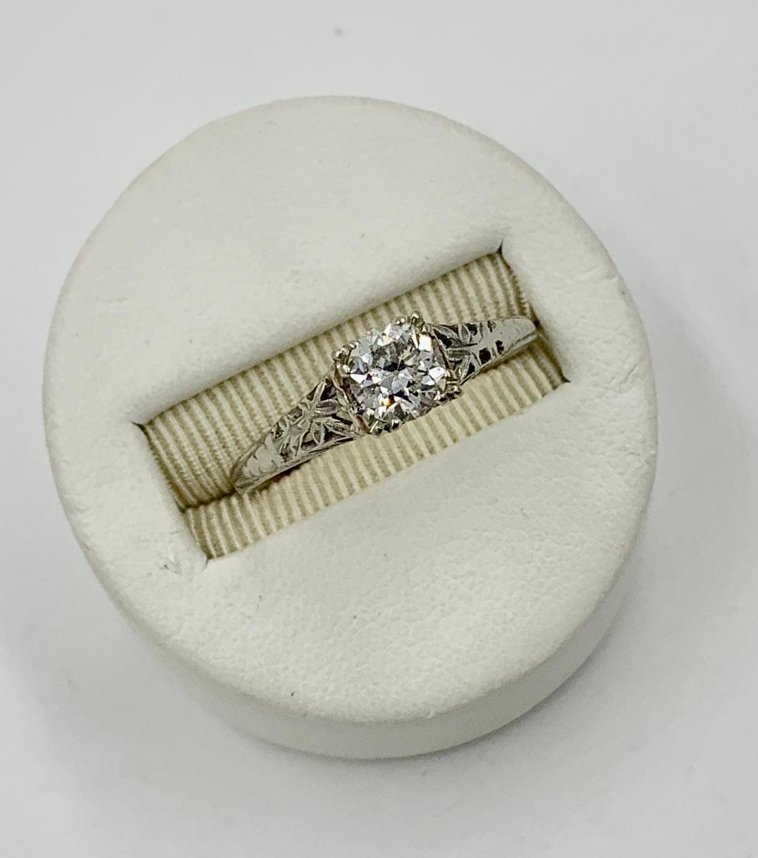 Art Deco .65 Carat G Color VS Old European Cut Diamond Wedding Engagement Ring In Excellent Condition For Sale In New York, NY