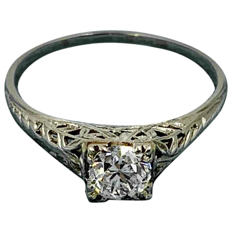 Art Deco .65 Carat G Color VS Old European Cut Diamond Wedding Engagement Ring For Sale