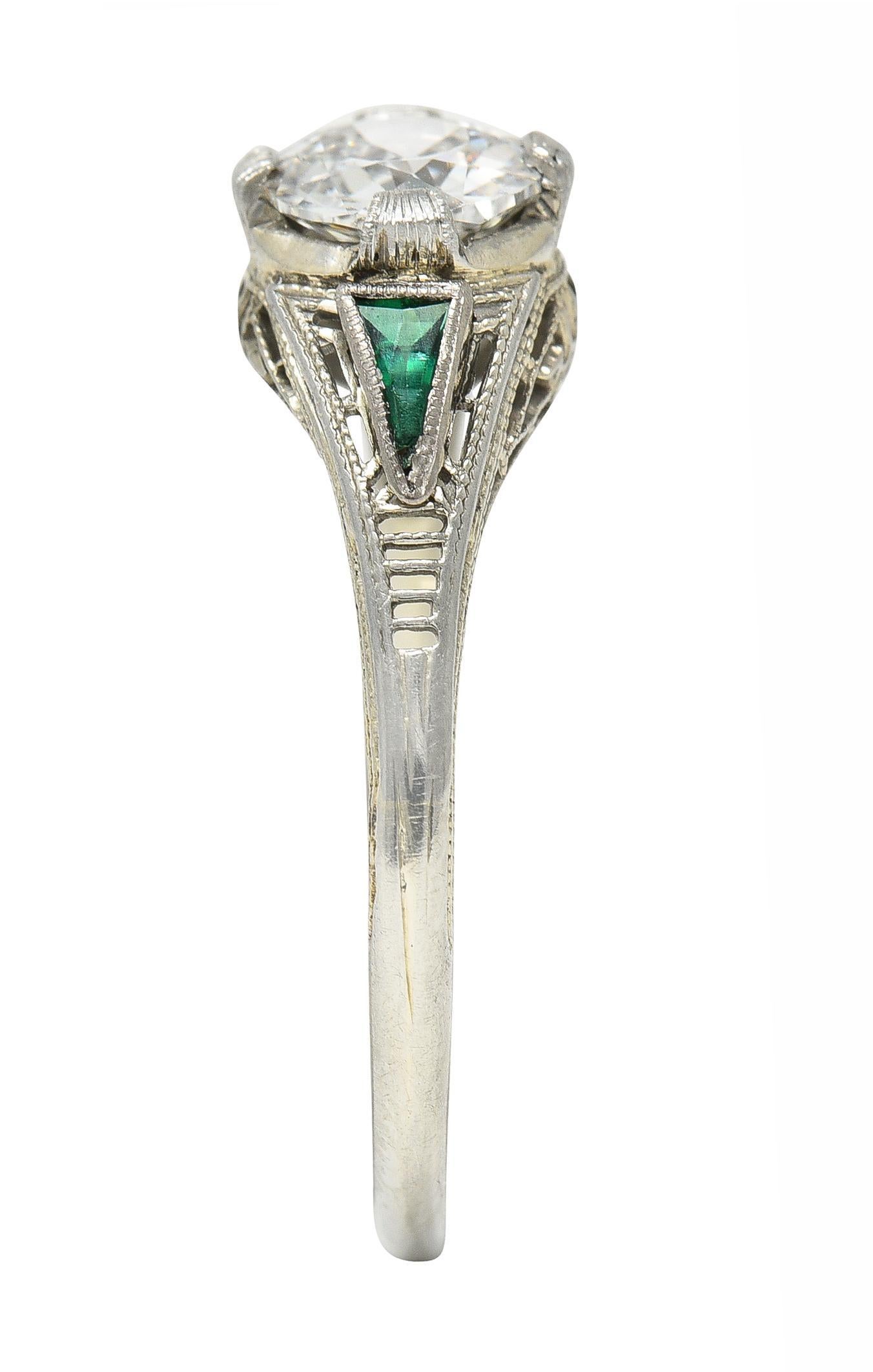Art Deco .65 CTW Old European Cut Diamond Emerald 18 Karat Engagement Ring 6