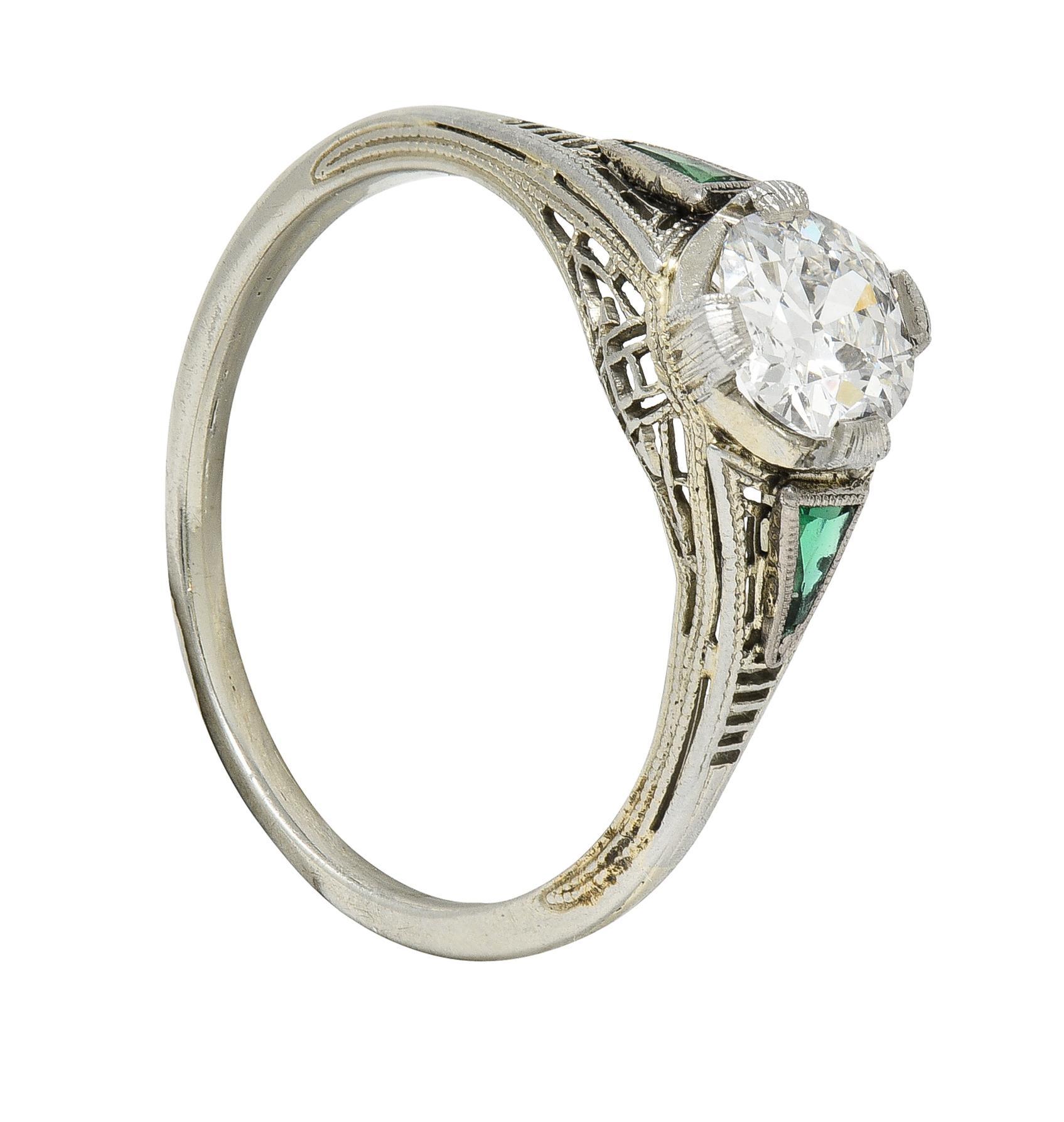 Art Deco .65 CTW Old European Cut Diamond Emerald 18 Karat Engagement Ring 7