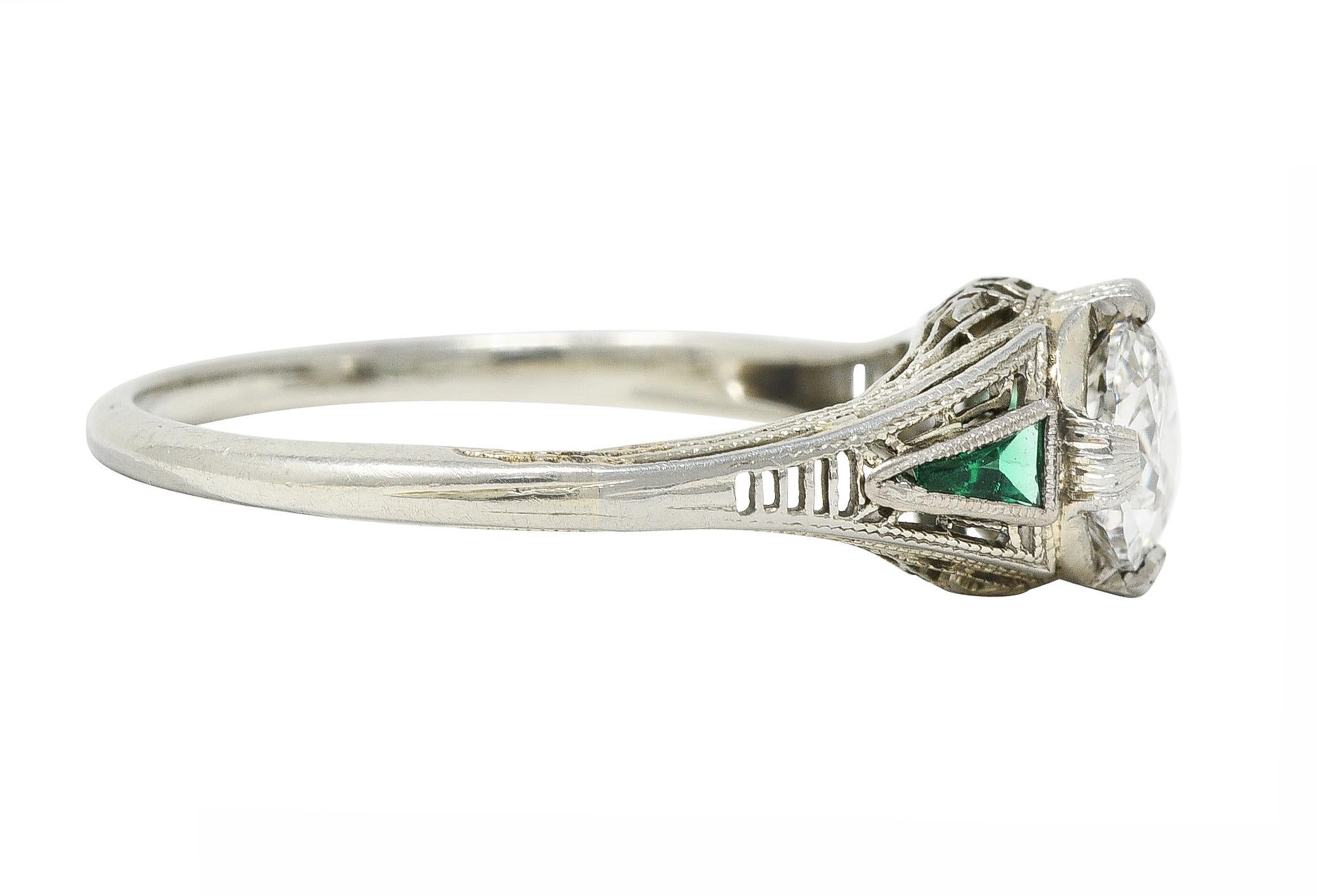 Art Deco .65 CTW Old European Cut Diamond Emerald 18 Karat Engagement Ring In Excellent Condition In Philadelphia, PA