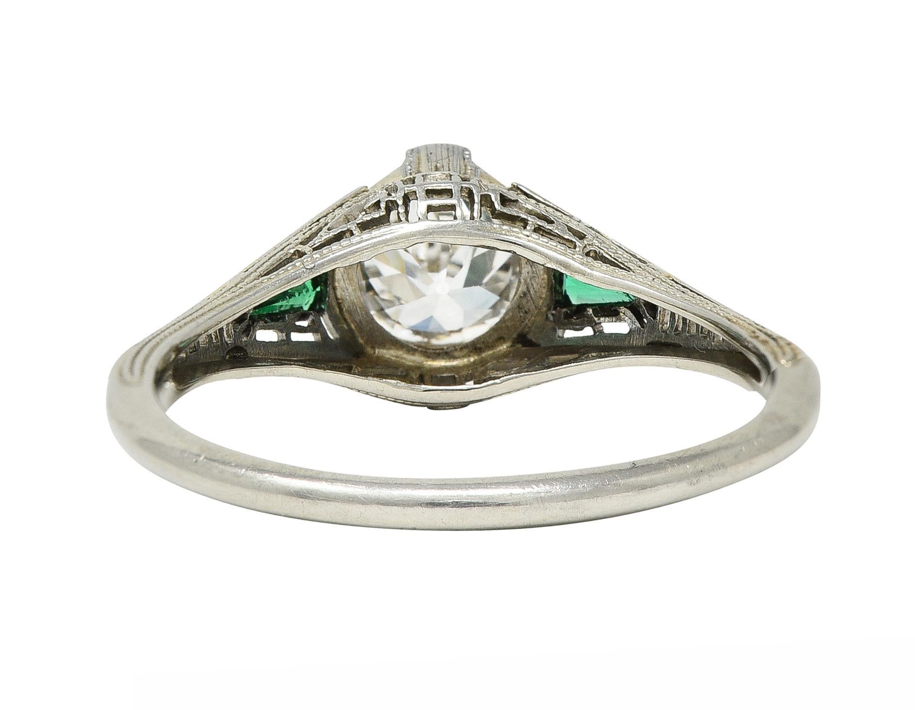 Women's or Men's Art Deco .65 CTW Old European Cut Diamond Emerald 18 Karat Engagement Ring