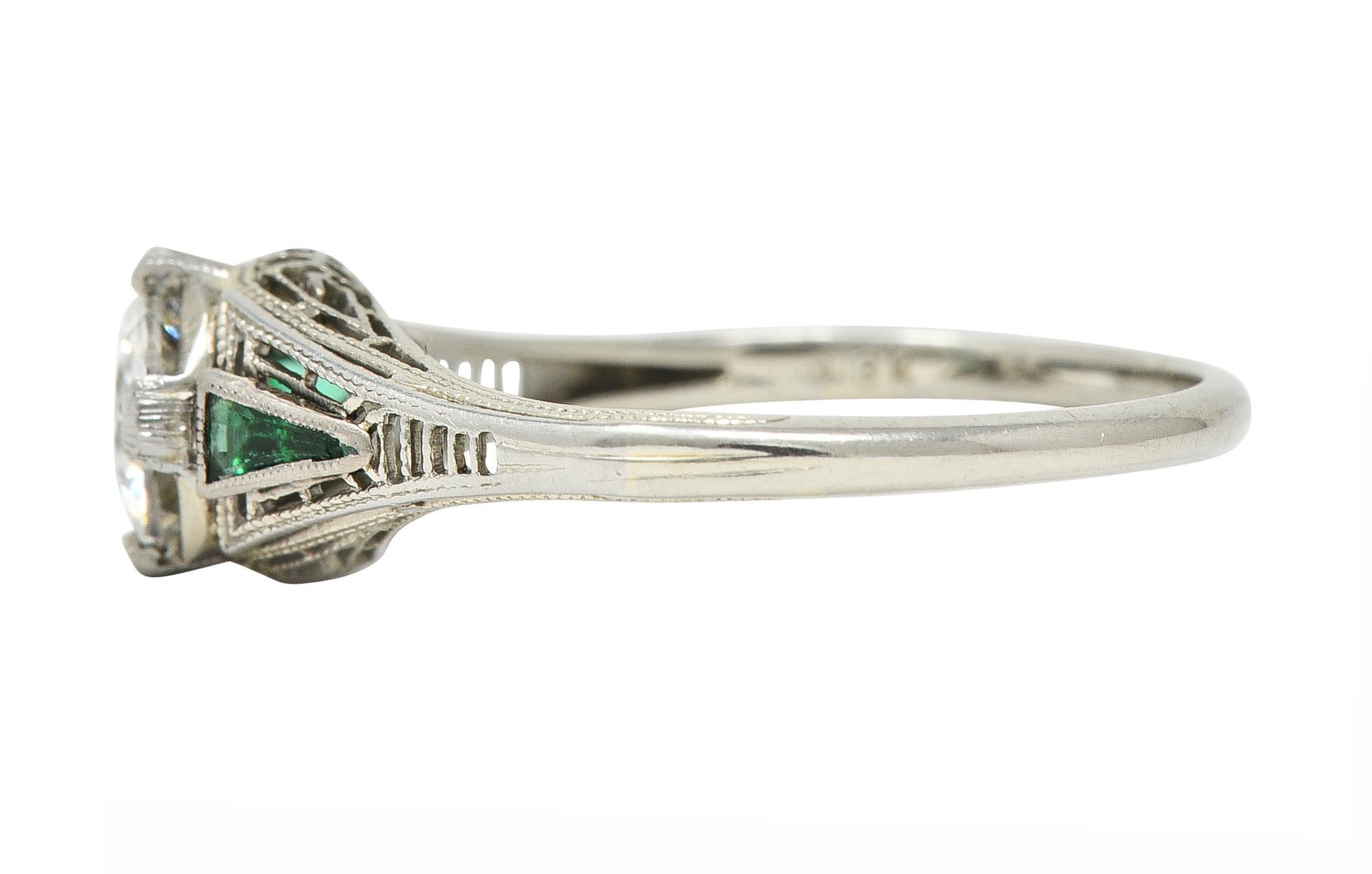 Art Deco .65 CTW Old European Cut Diamond Emerald 18 Karat Engagement Ring 1