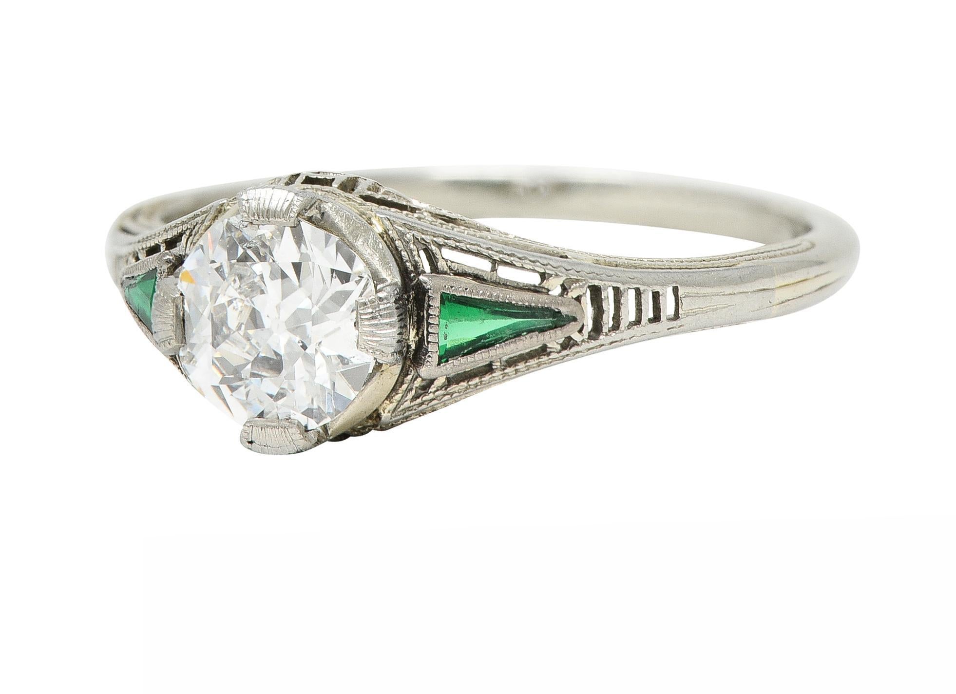 Art Deco .65 CTW Old European Cut Diamond Emerald 18 Karat Engagement Ring 2