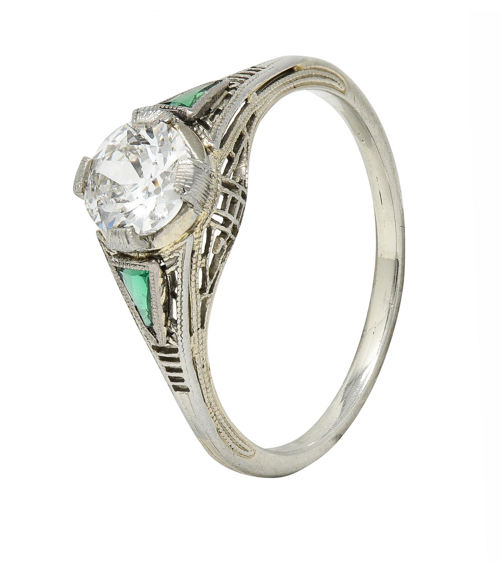 Art Deco .65 CTW Old European Cut Diamond Emerald 18 Karat Engagement Ring 4