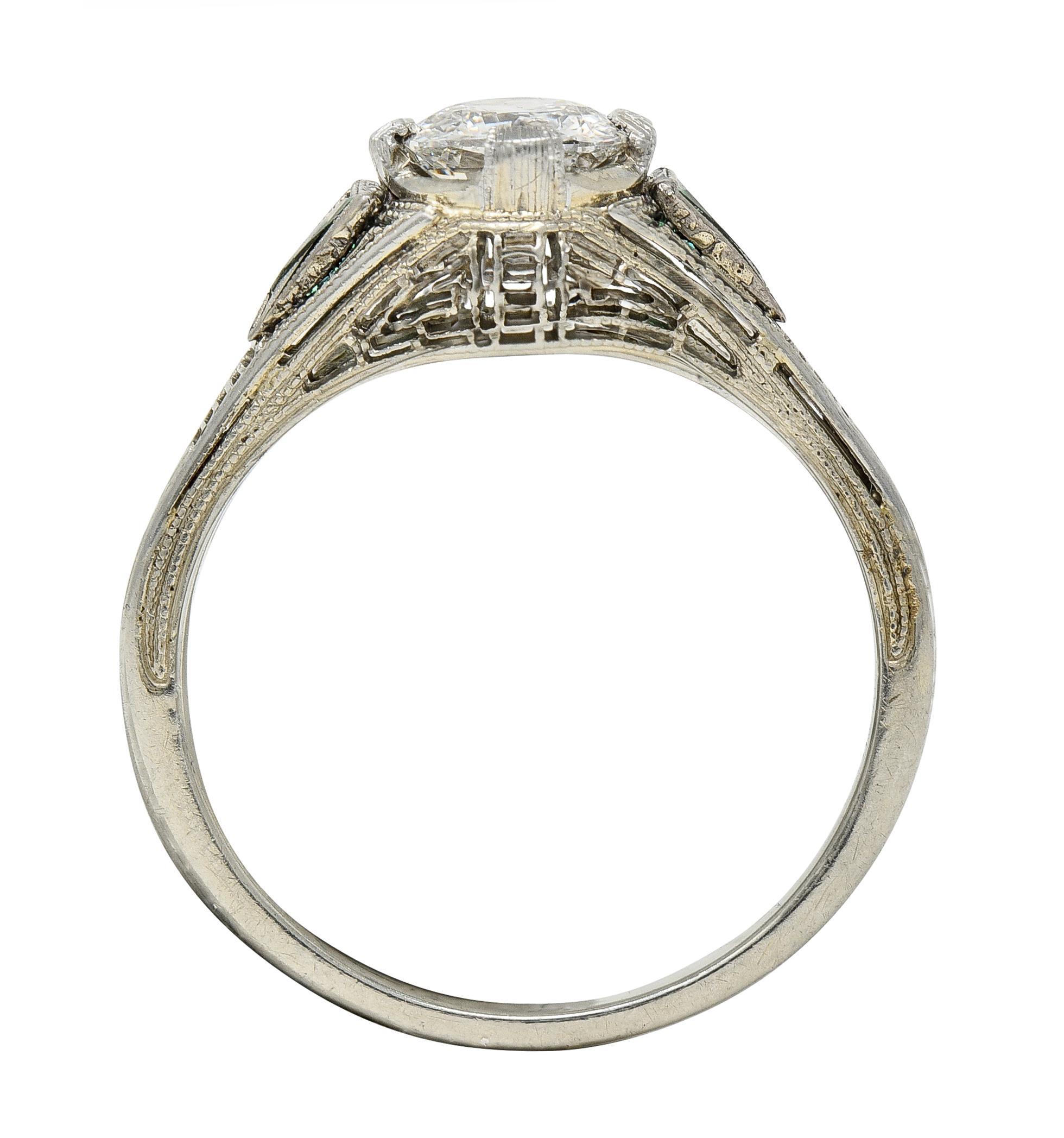 Art Deco .65 CTW Old European Cut Diamond Emerald 18 Karat Engagement Ring 5