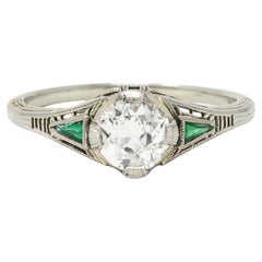 Art Deco .65 CTW Old European Cut Diamond Emerald 18 Karat Engagement Ring