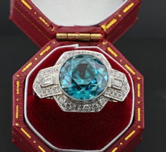 Art Deco 6.50 Ct Blue Zircon Diamond Platinum Ring
