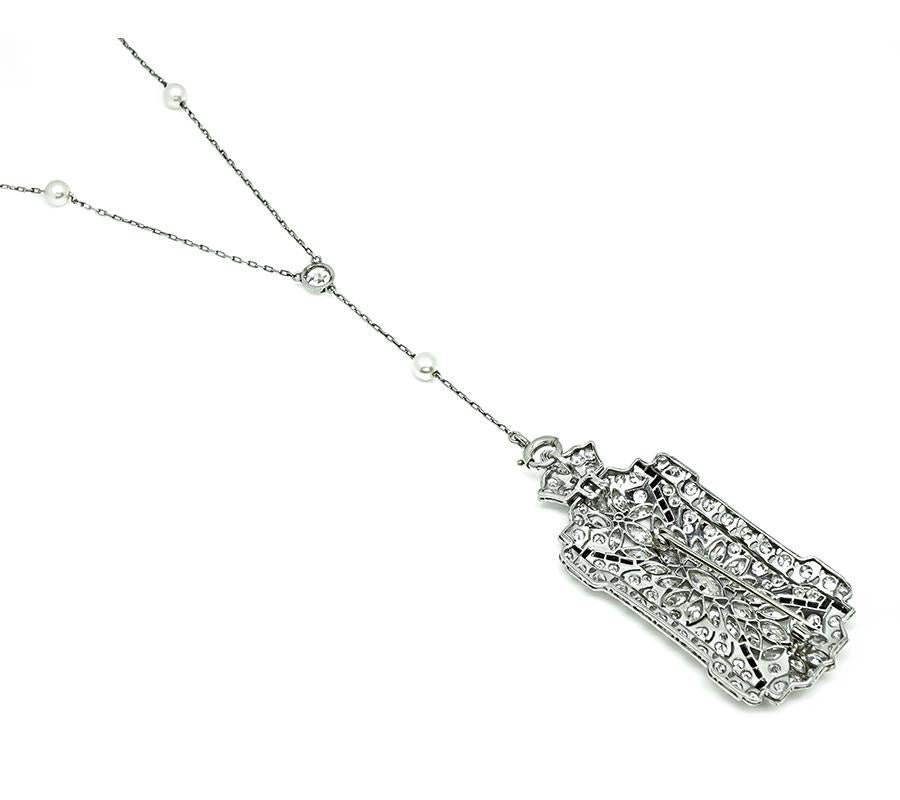 Art Deco 6.50ct Diamond Pearl Onyx Pin / Pendant Necklace In Good Condition For Sale In New York, NY