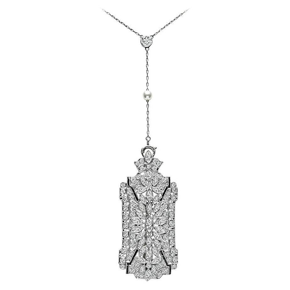 Art Deco 6.50ct Diamond Pearl Onyx Pin / Pendant Necklace For Sale