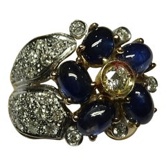Art Deco Style 6.58 Cabochon Sapphire Diamond 14 Karat Gold White Gold Ring