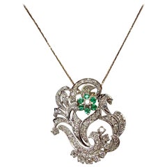 Art Deco Style Diamond Emerald Pendant Necklace Flower Motif 14 Karat White Gold Art Deco Style Diamond Emerald Pendant Necklace Flower Motif 14 Karat White Gold