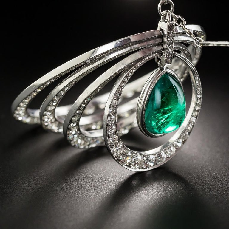 Art Deco 6.61 Carat Emerald and Diamond Pendant Necklace In Excellent Condition For Sale In San Francisco, CA