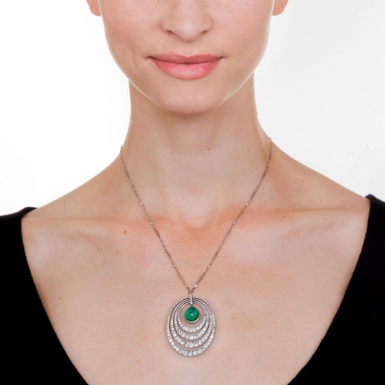 Women's Art Deco 6.61 Carat Emerald and Diamond Pendant Necklace For Sale