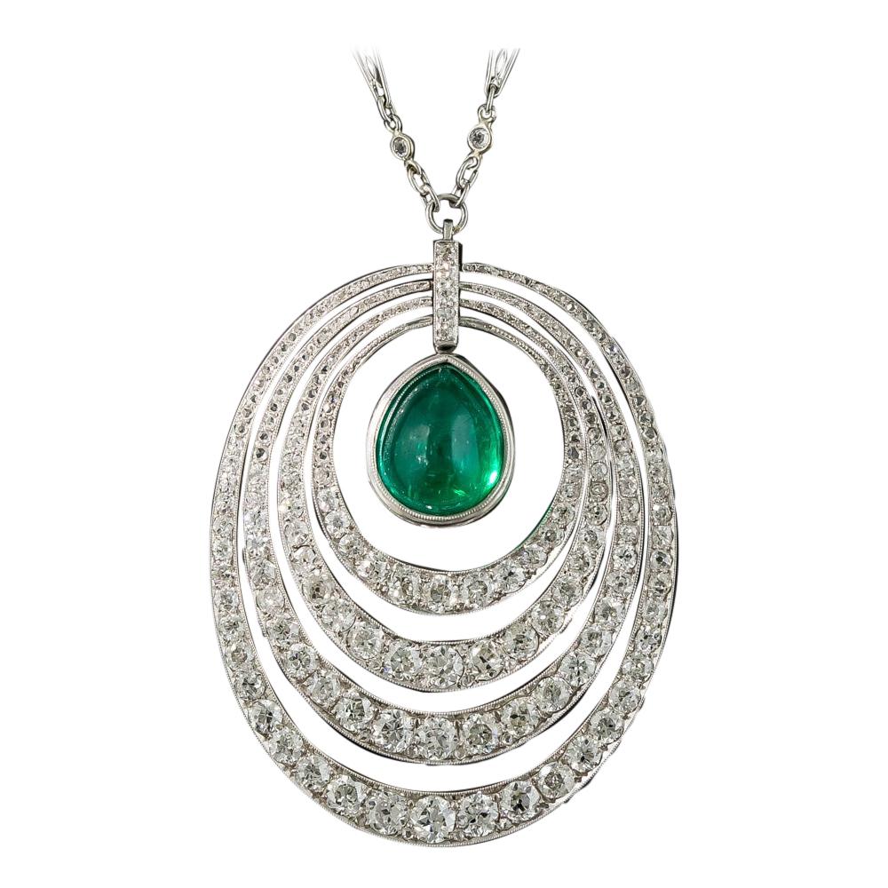 Art Deco 6.61 Carat Emerald and Diamond Pendant Necklace