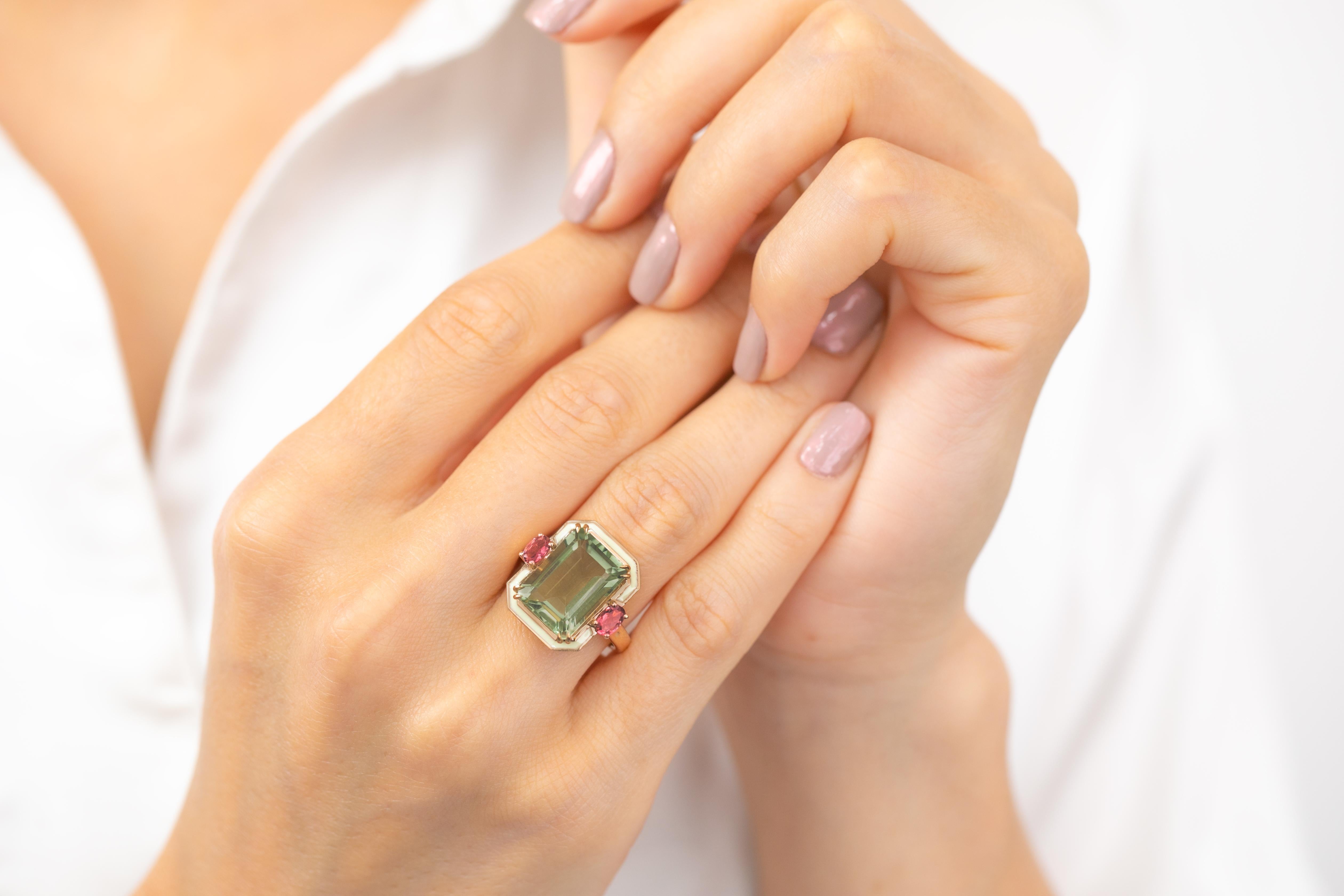 For Sale:  Art Deco 6.70ct. Green Amethyst and 0.45 ct. 14K Gold Ring With Pink Tourmaline 10