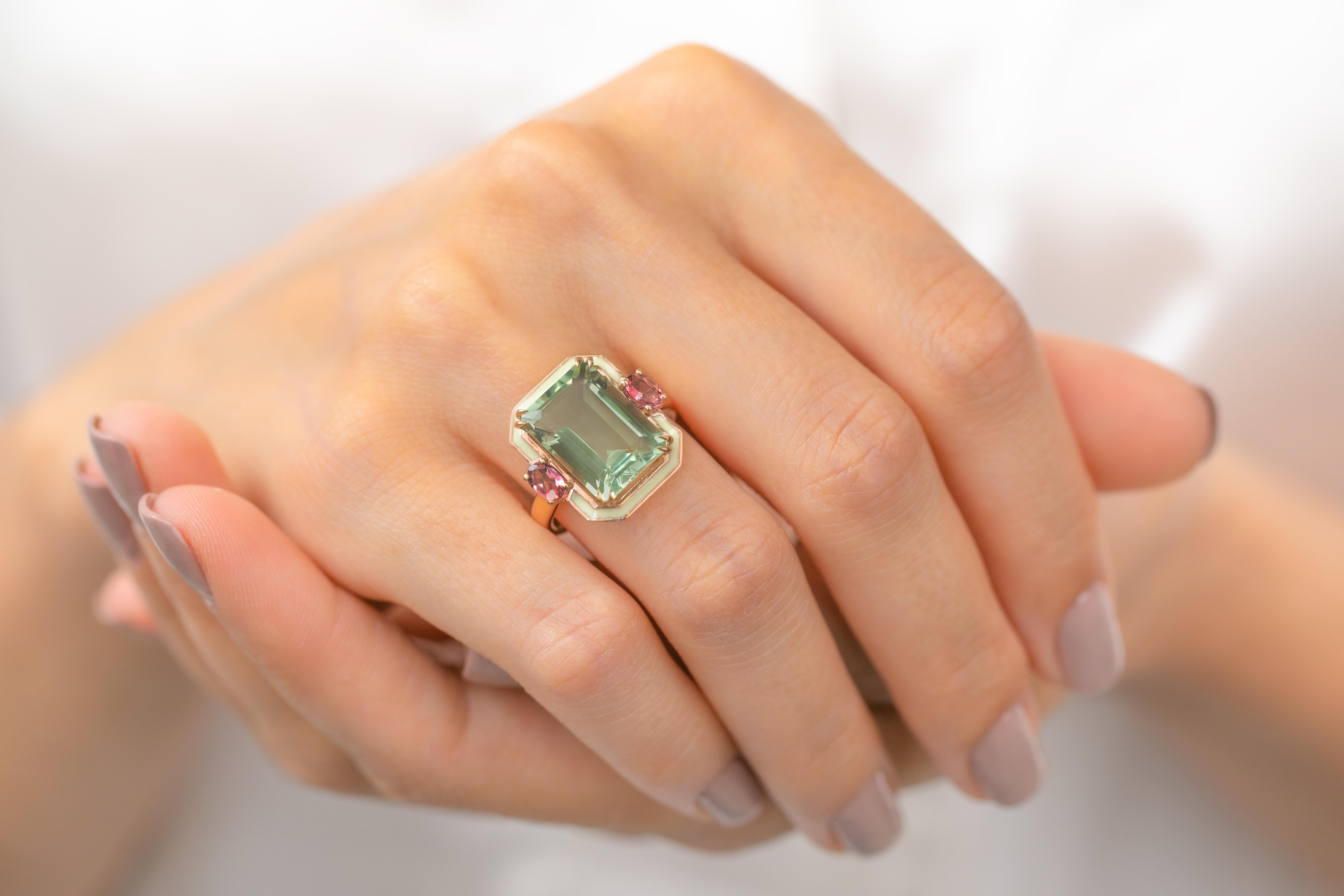 For Sale:  Art Deco 6.70ct. Green Amethyst and 0.45 ct. 14K Gold Ring With Pink Tourmaline 13