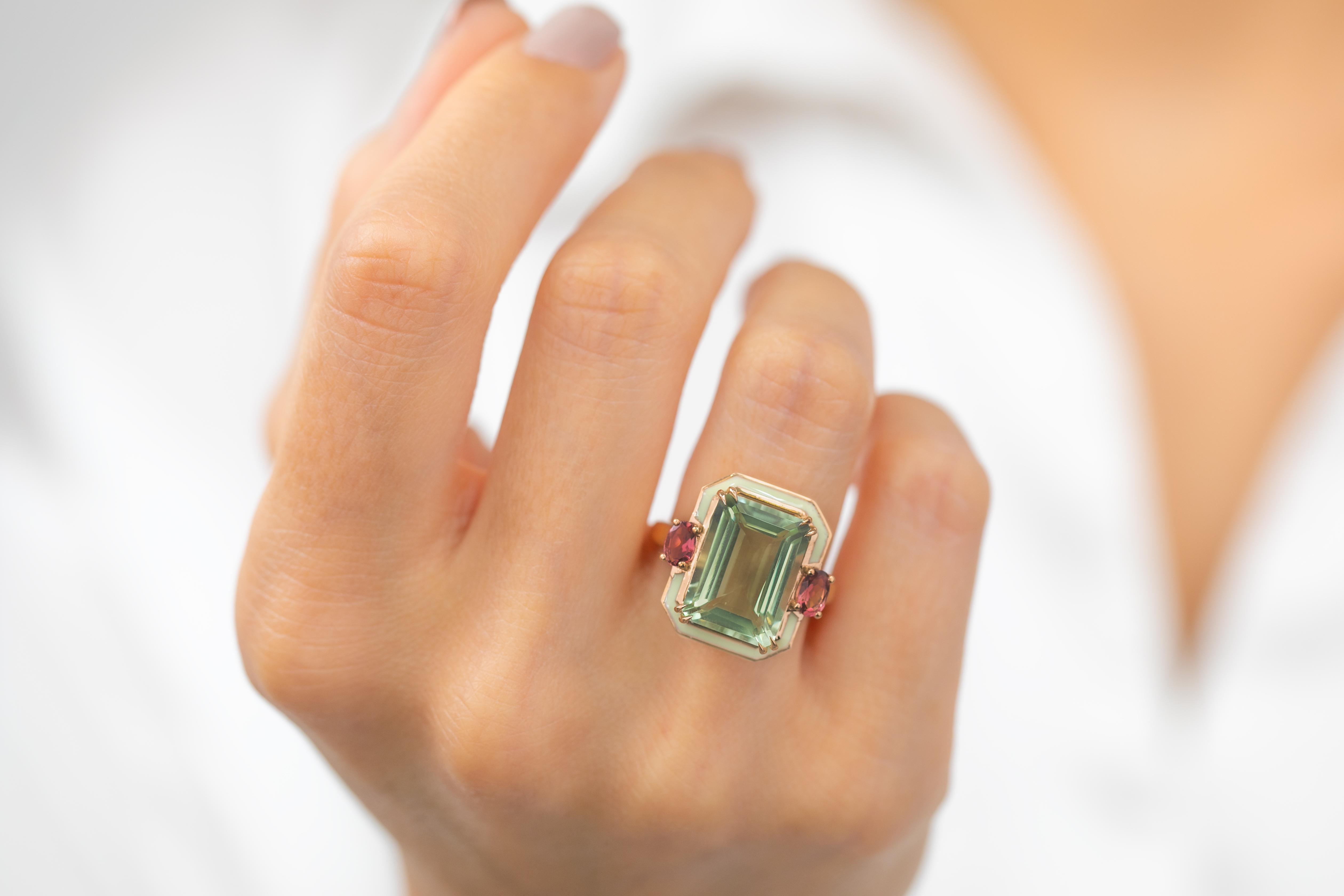 For Sale:  Art Deco 6.70ct. Green Amethyst and 0.45 ct. 14K Gold Ring With Pink Tourmaline 15