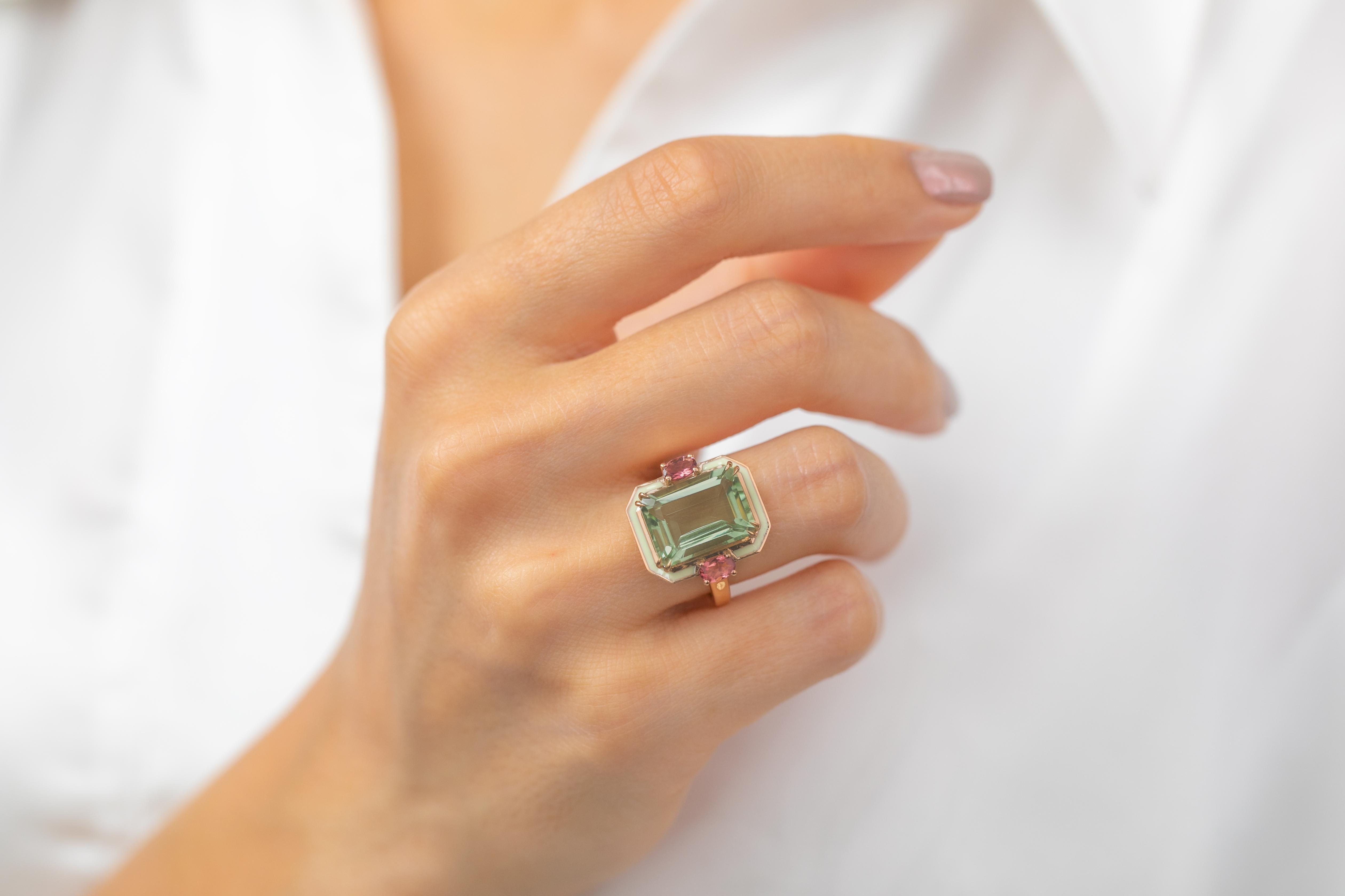 For Sale:  Art Deco 6.70ct. Green Amethyst and 0.45 ct. 14K Gold Ring With Pink Tourmaline 16