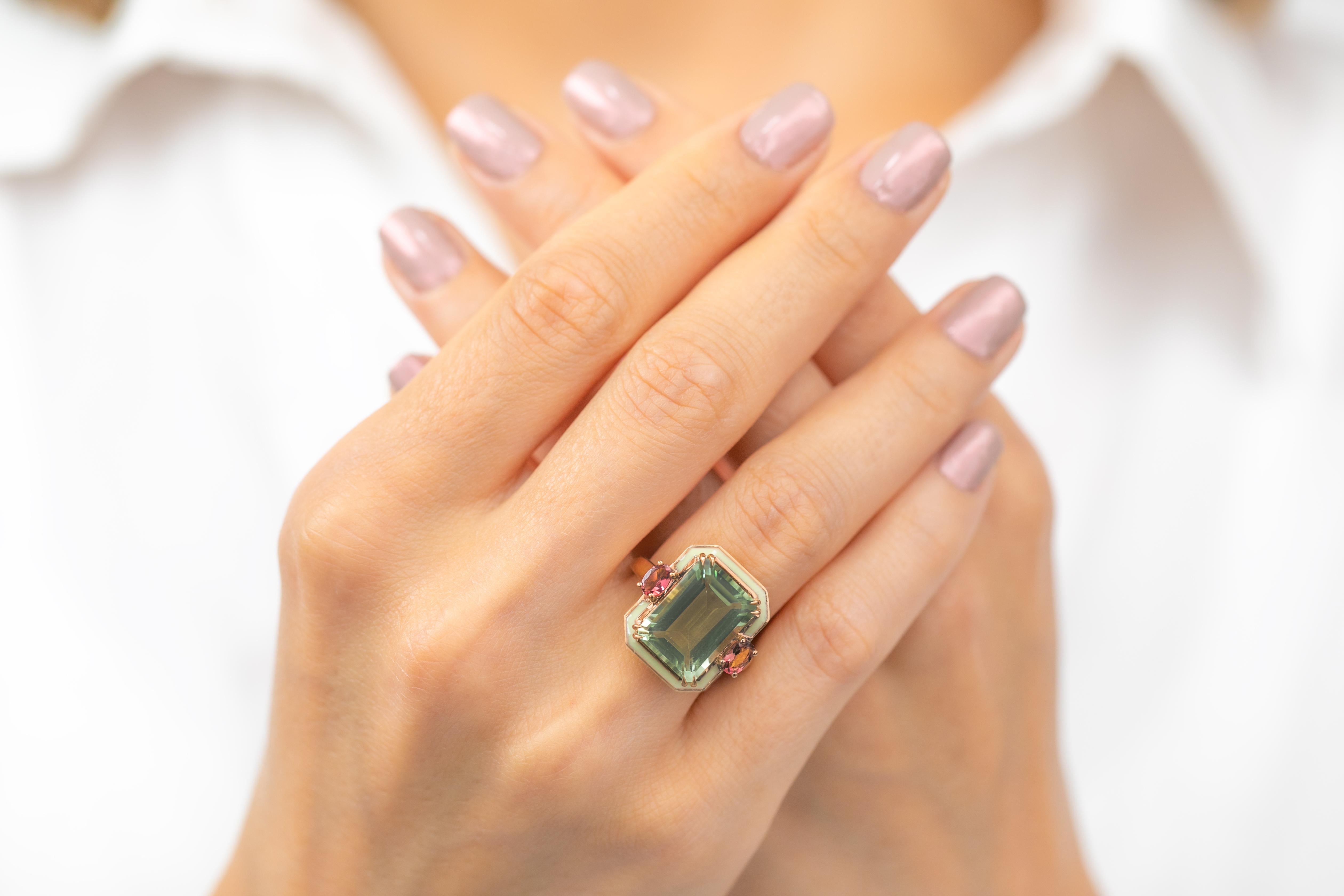 For Sale:  Art Deco 6.70ct. Green Amethyst and 0.45 ct. 14K Gold Ring With Pink Tourmaline 17