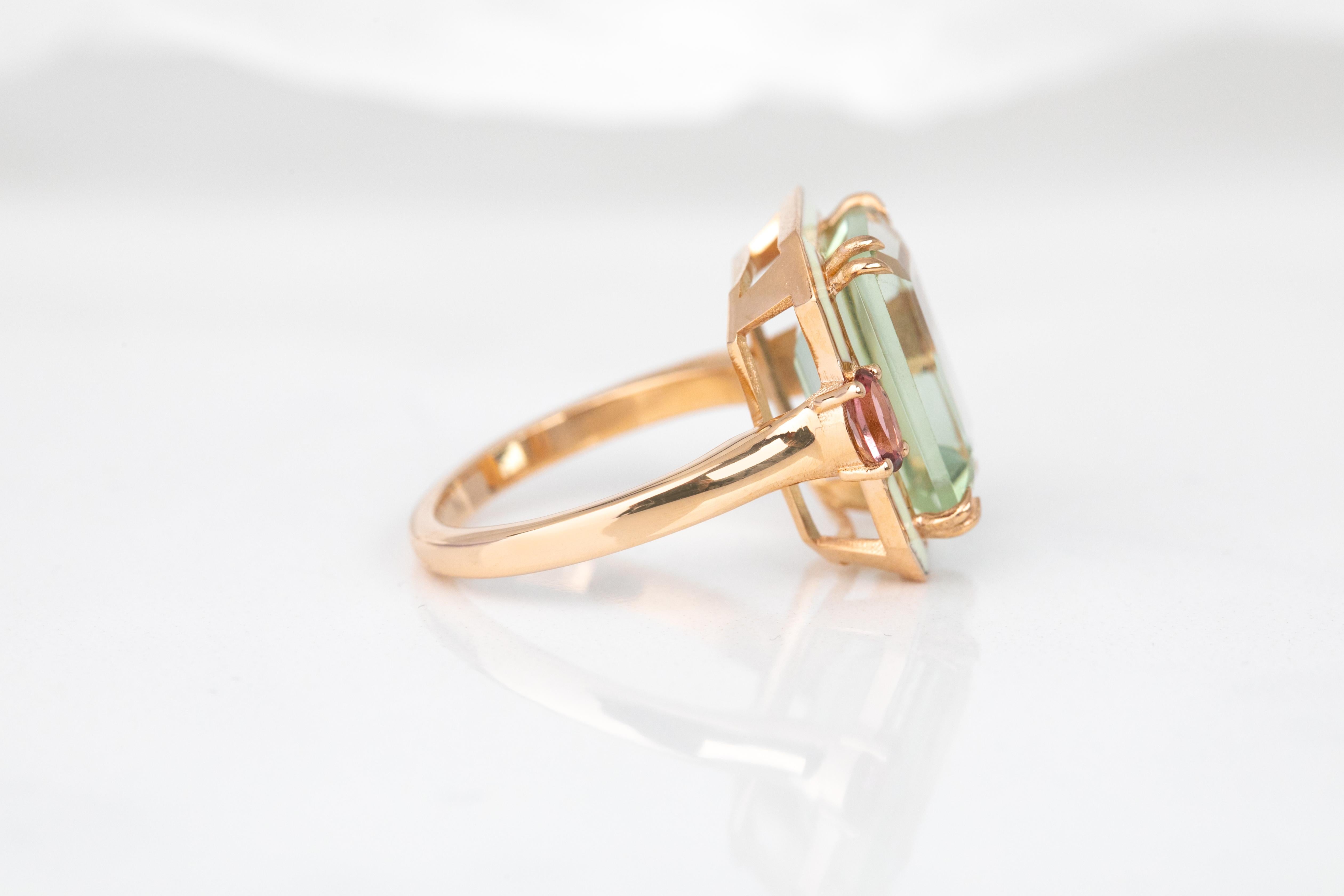 For Sale:  Art Deco 6.70ct. Green Amethyst and 0.45 ct. 14K Gold Ring With Pink Tourmaline 19