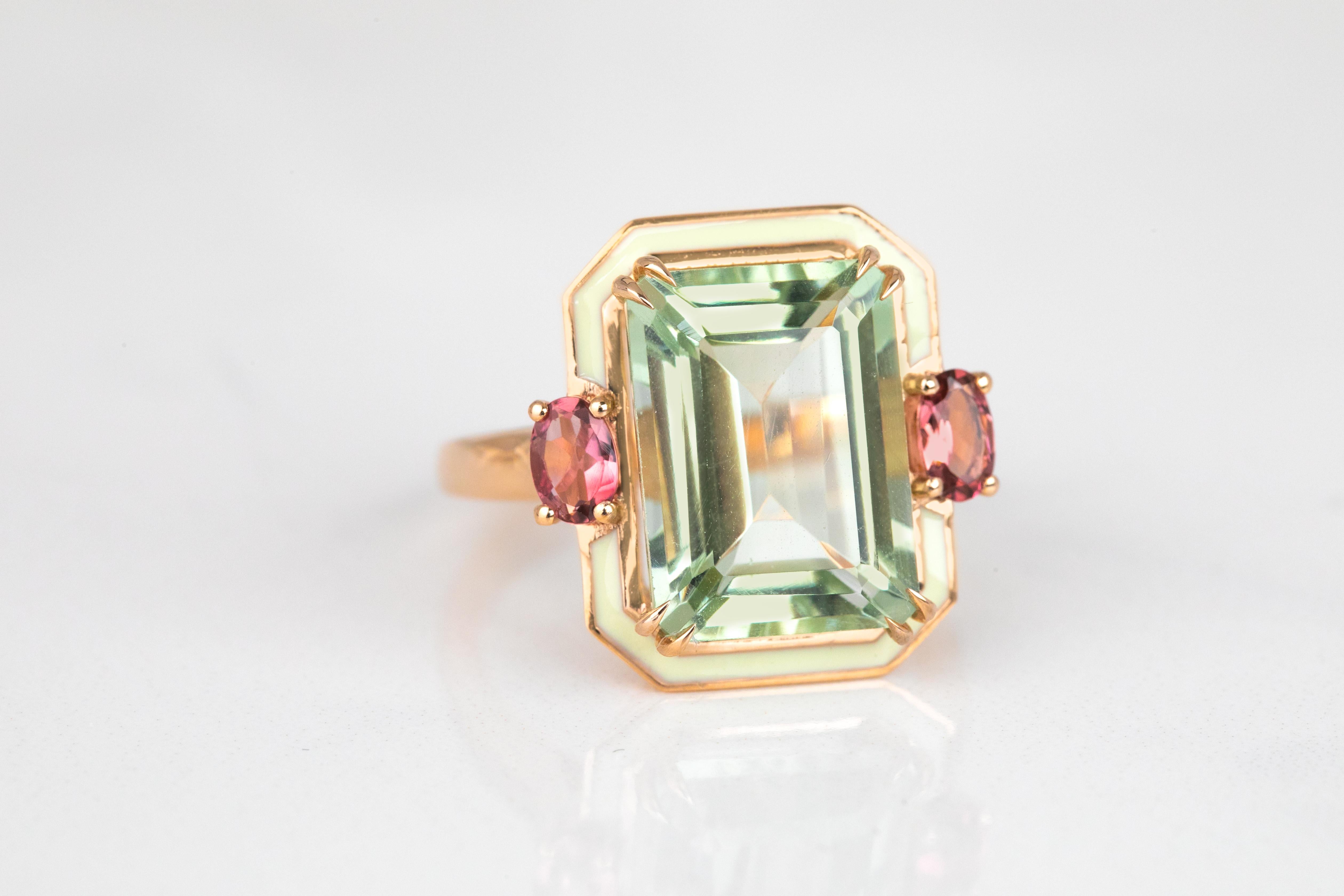 For Sale:  Art Deco 6.70ct. Green Amethyst and 0.45 ct. 14K Gold Ring With Pink Tourmaline 2