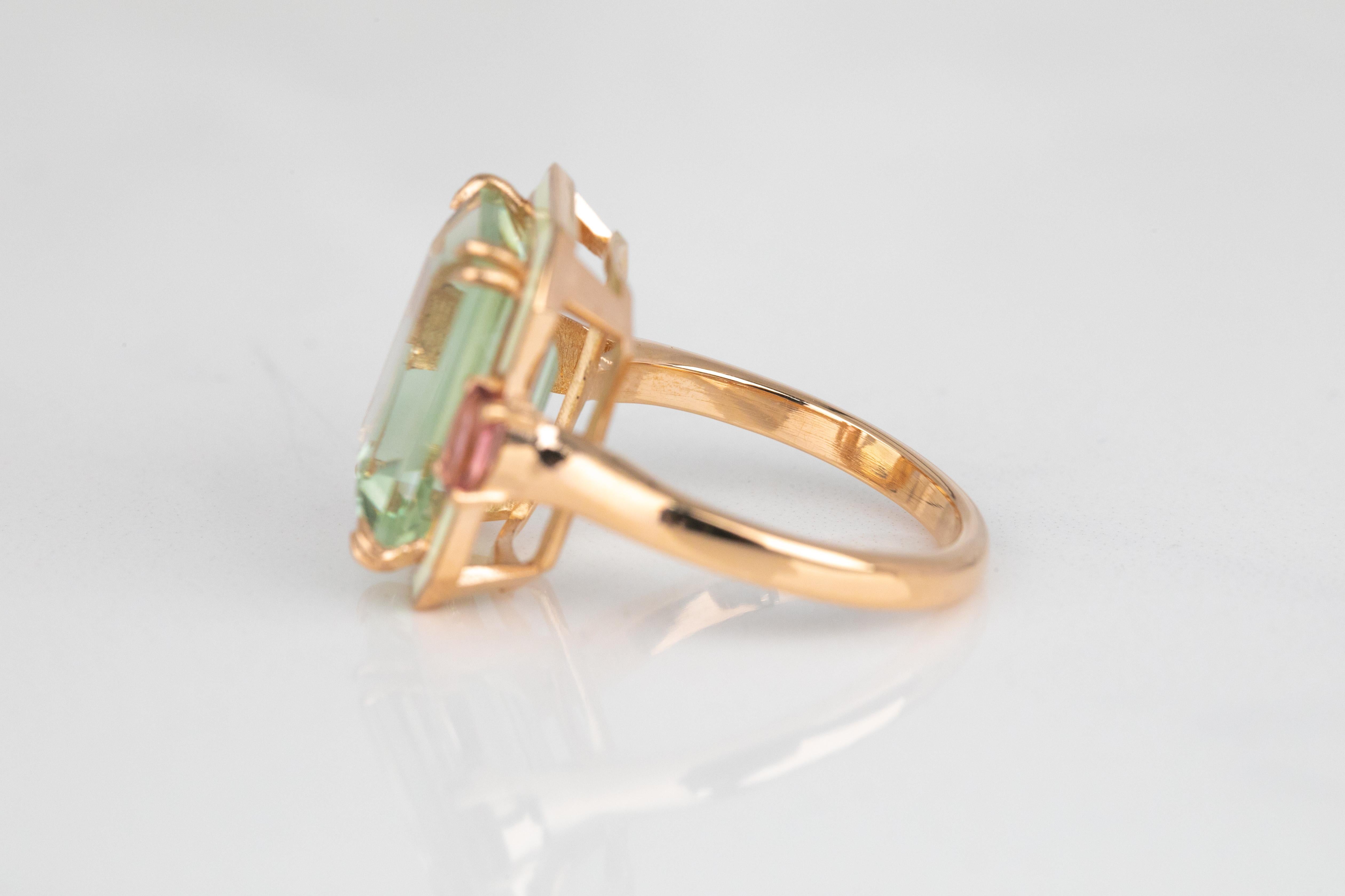 For Sale:  Art Deco 6.70ct. Green Amethyst and 0.45 ct. 14K Gold Ring With Pink Tourmaline 5