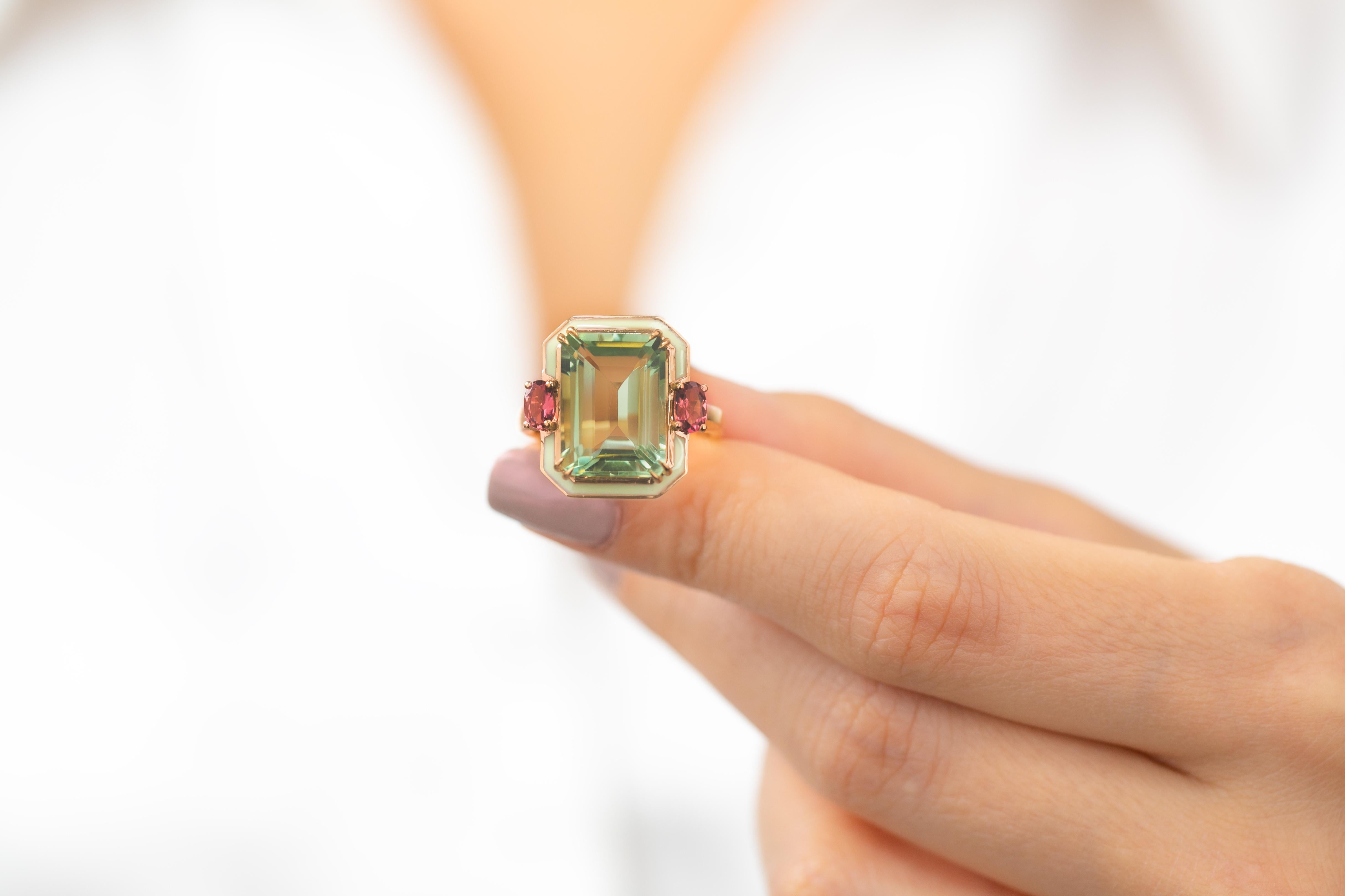 For Sale:  Art Deco 6.70ct. Green Amethyst and 0.45 ct. 14K Gold Ring With Pink Tourmaline 8