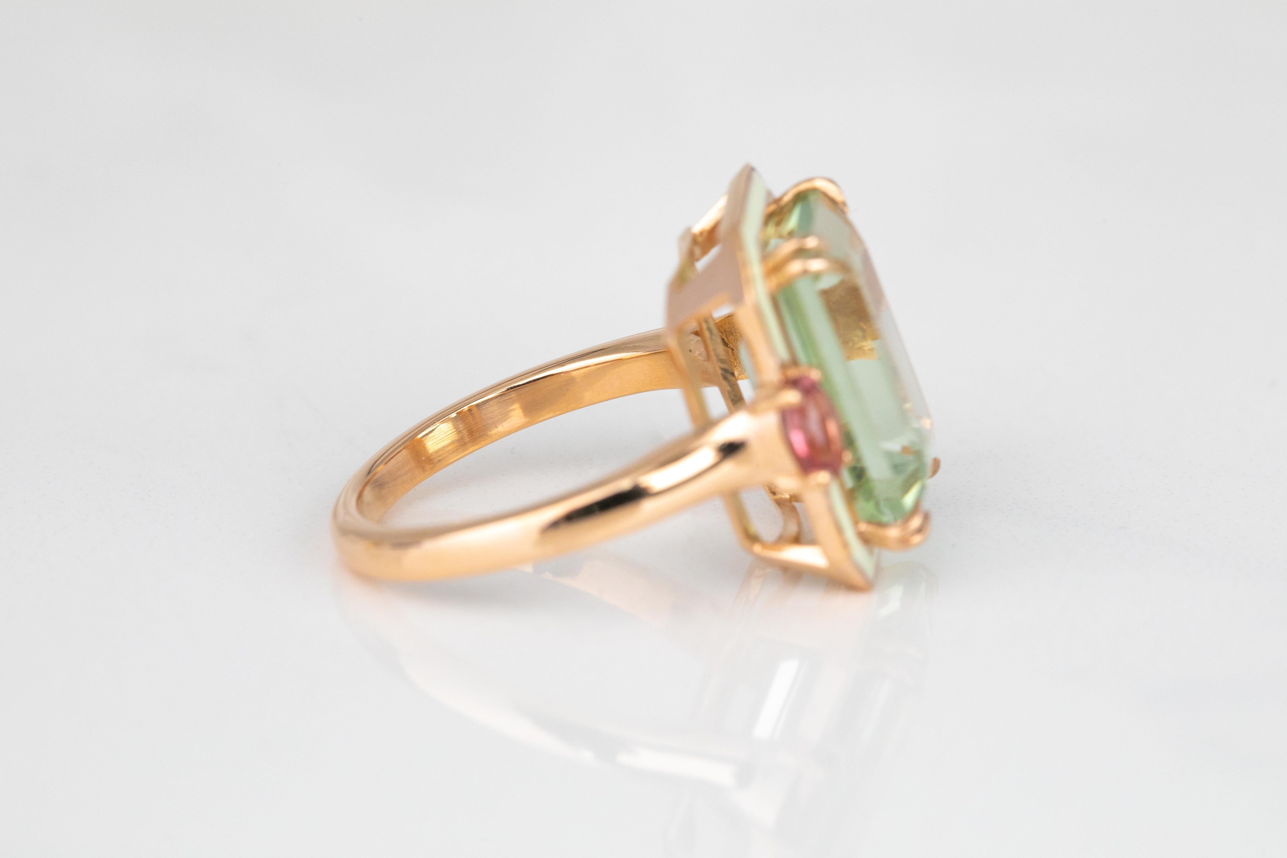 For Sale:  Art Deco 6.70ct. Green Amethyst and 0.45 ct. 14K Gold Ring With Pink Tourmaline 3