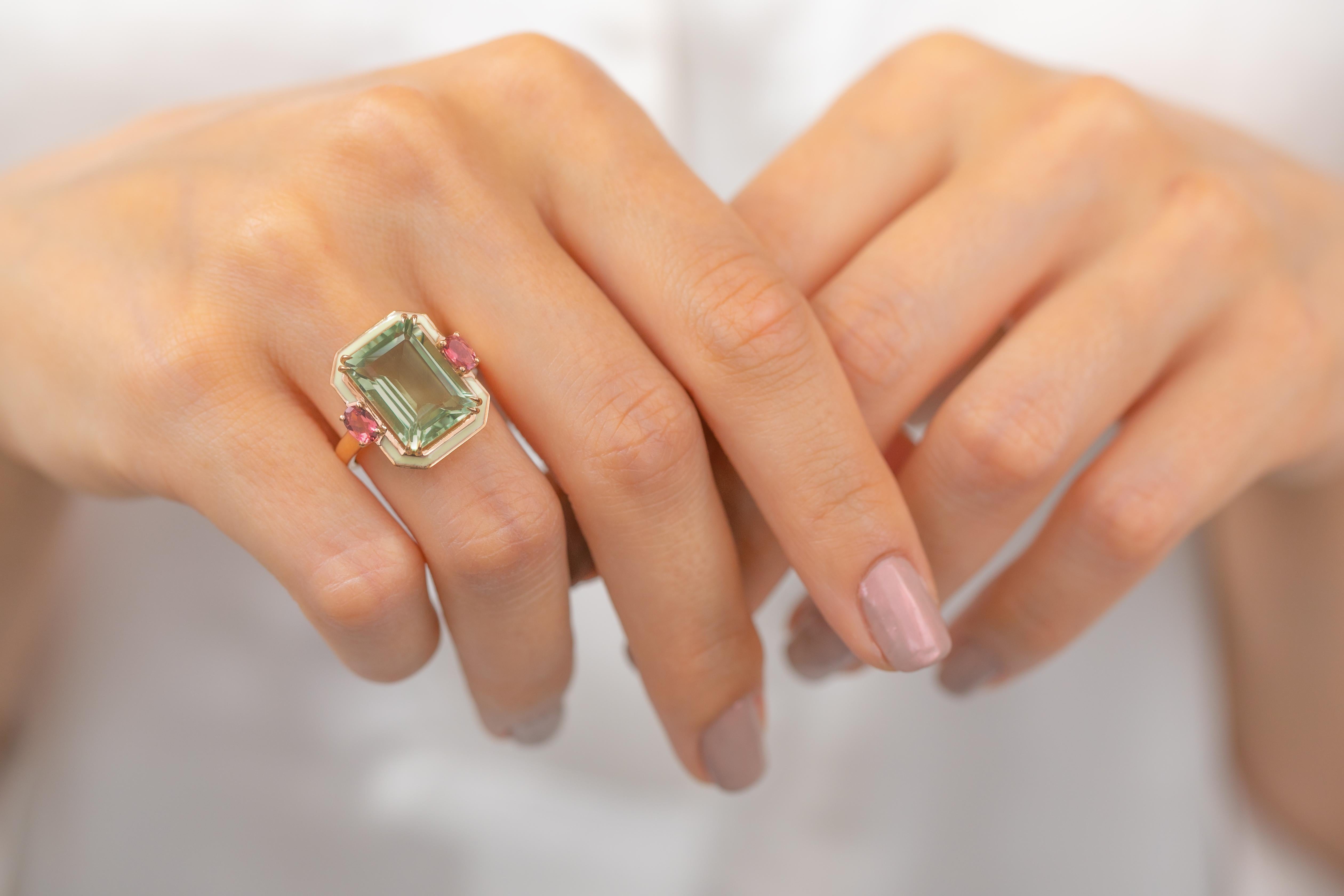 For Sale:  Art Deco 6.70ct. Green Amethyst and 0.45 ct. 14K Gold Ring With Pink Tourmaline 11