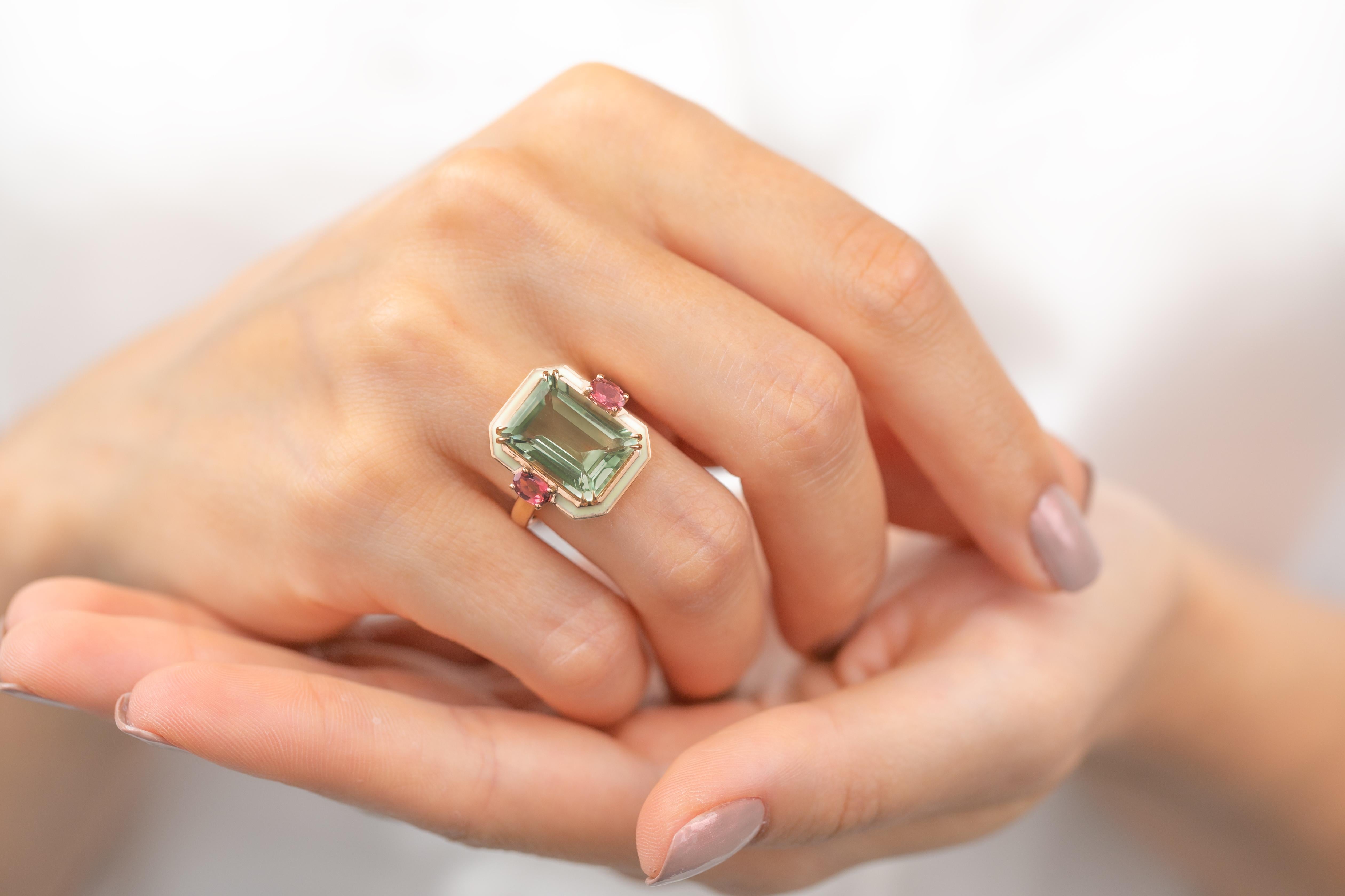 For Sale:  Art Deco 6.70ct. Green Amethyst and 0.45 ct. 14K Gold Ring With Pink Tourmaline 12