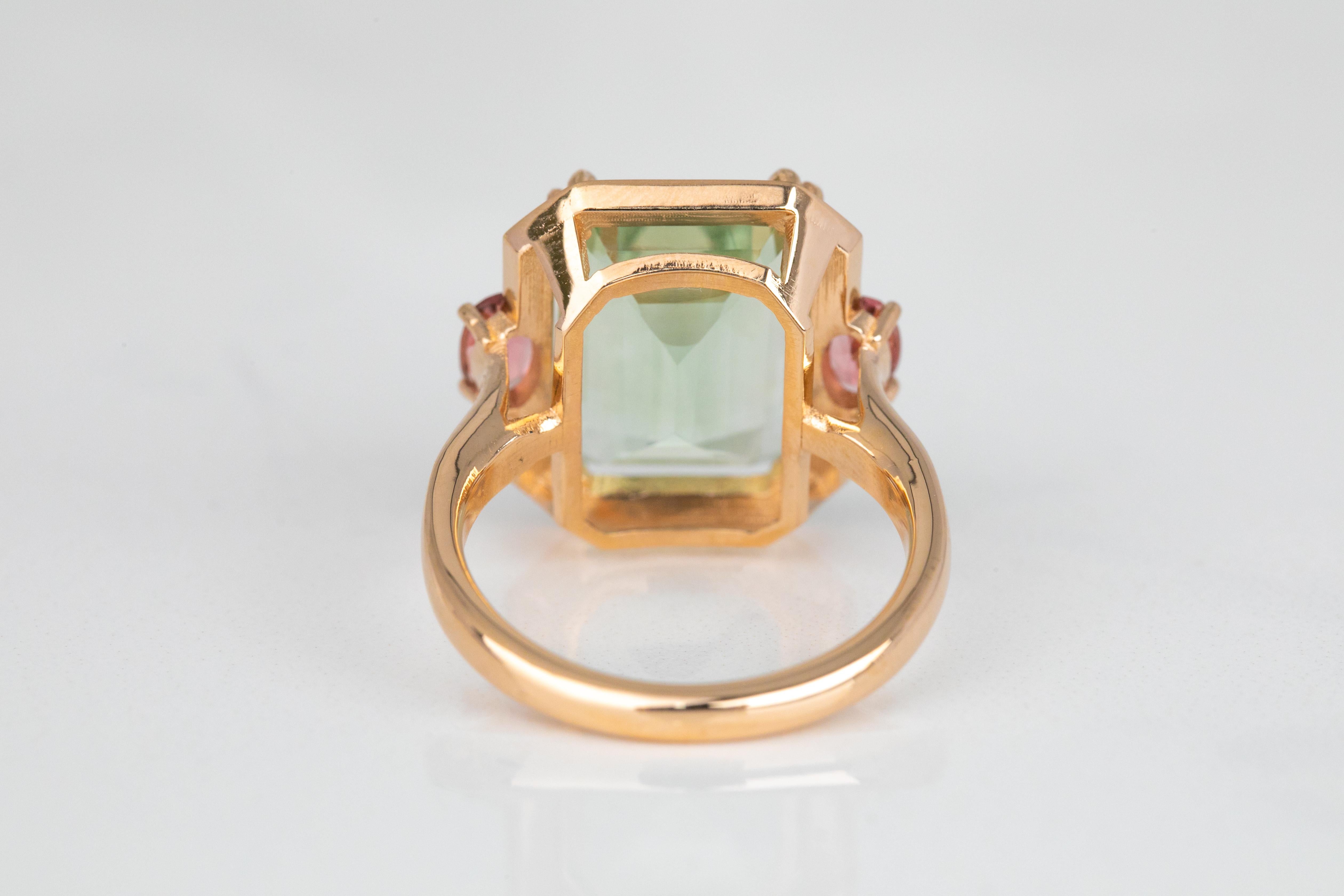 For Sale:  Art Deco 6.70ct. Green Amethyst and 0.45 ct. 14K Gold Ring With Pink Tourmaline 4