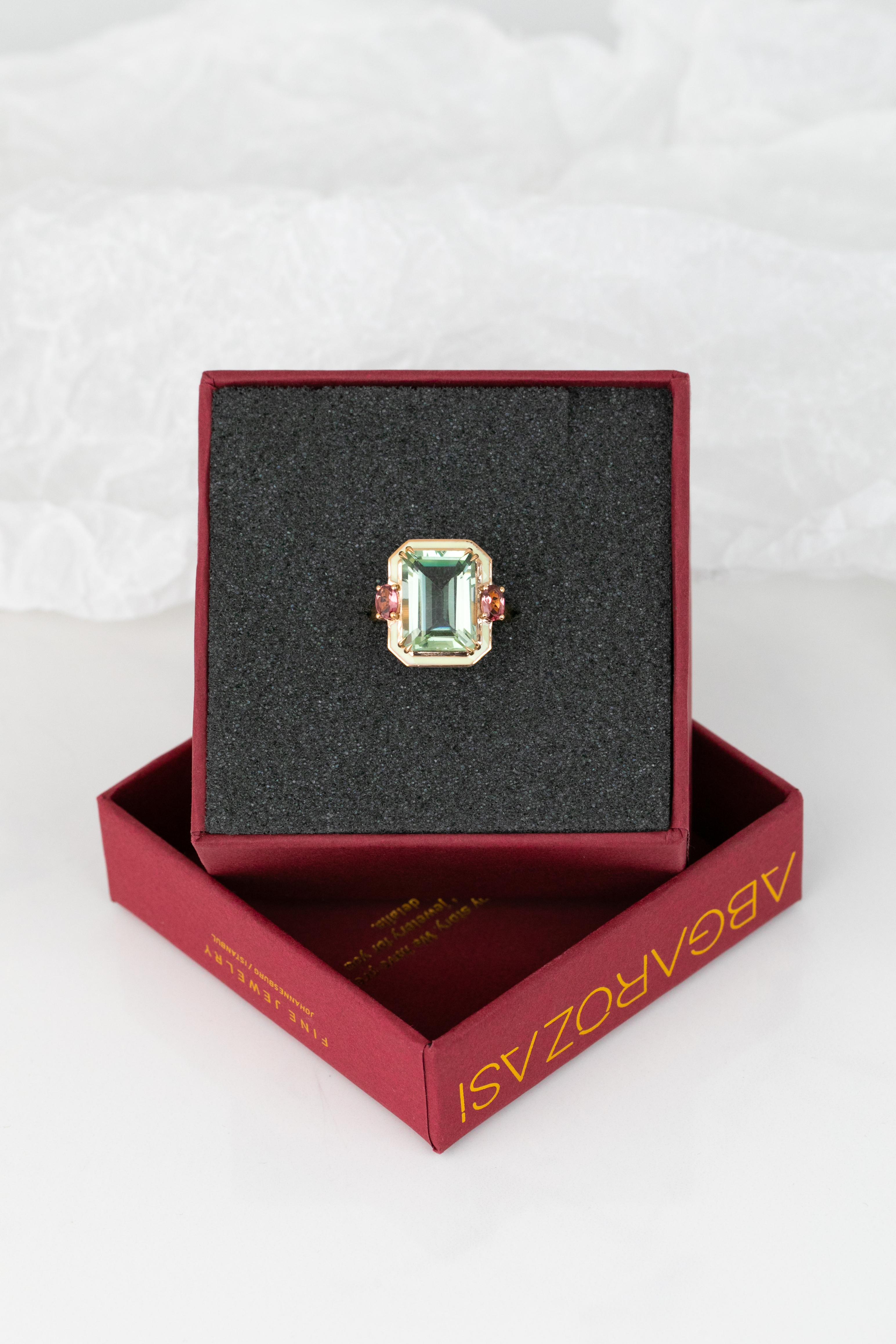 For Sale:  Art Deco 6.70ct. Green Amethyst and 0.45 ct. 14K Gold Ring With Pink Tourmaline 6
